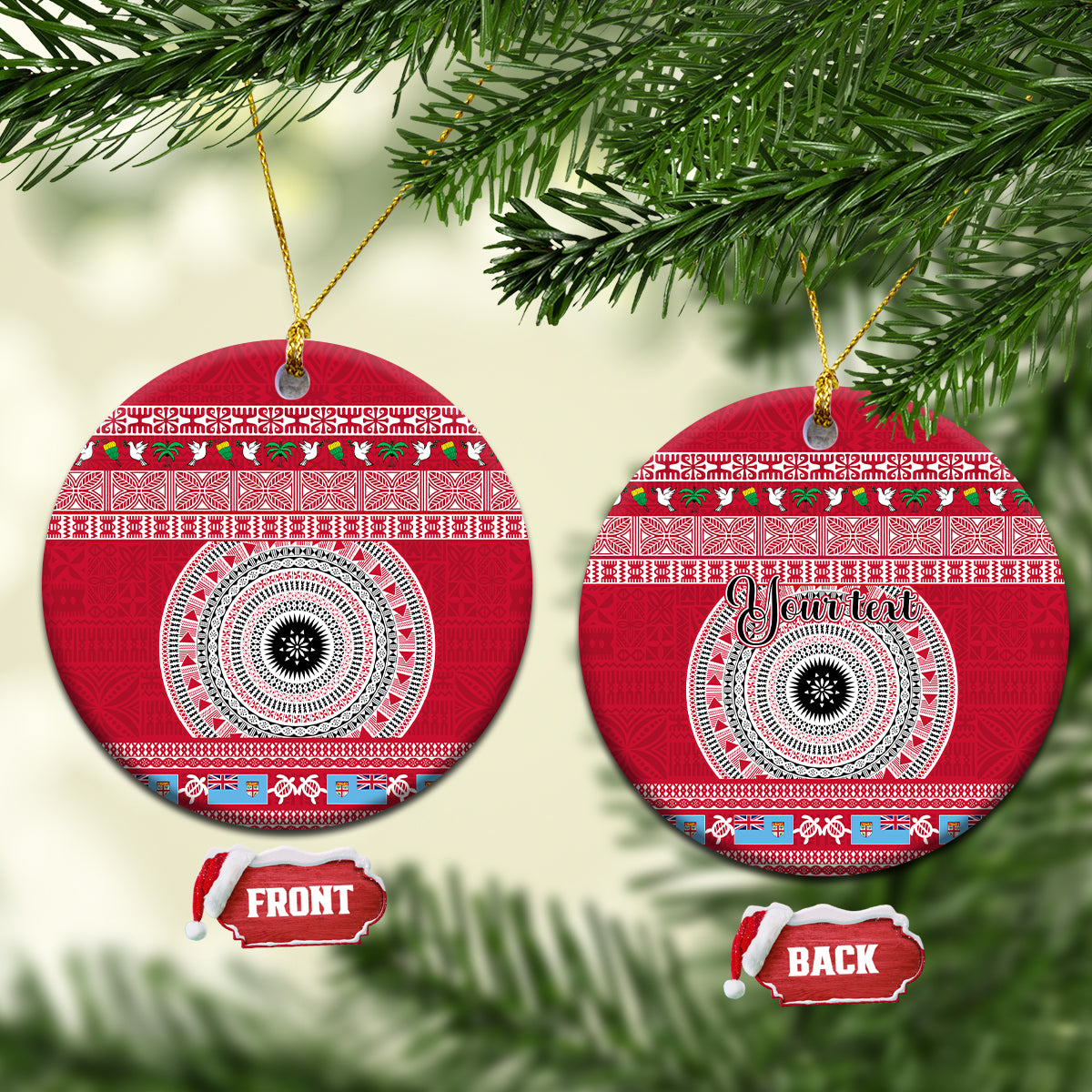 Red round ceramic Christmas ornament with white circular tapa pattern and gold hanging loop