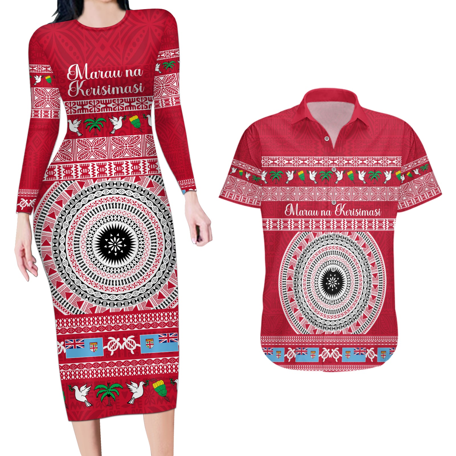 Personalised Fiji Marau Na Kerisimasi Couples Matching Long Sleeve Bodycon Dress and Hawaiian Shirt Merry Christmas Tapa Pattern Red Style LT9 - Wonder Print Shop