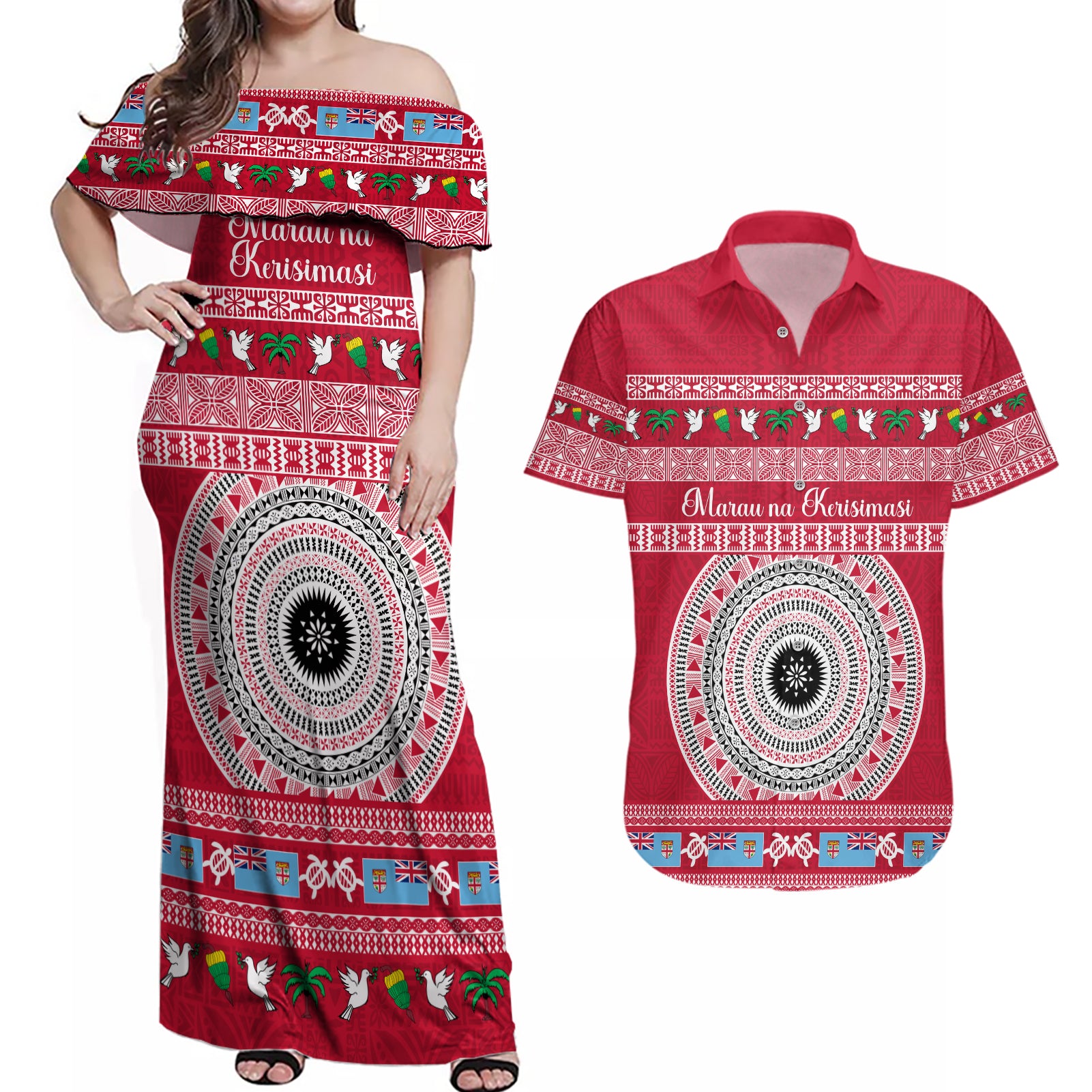 Personalised Fiji Marau Na Kerisimasi Couples Matching Off Shoulder Maxi Dress and Hawaiian Shirt Merry Christmas Tapa Pattern Red Style LT9 - Wonder Print Shop