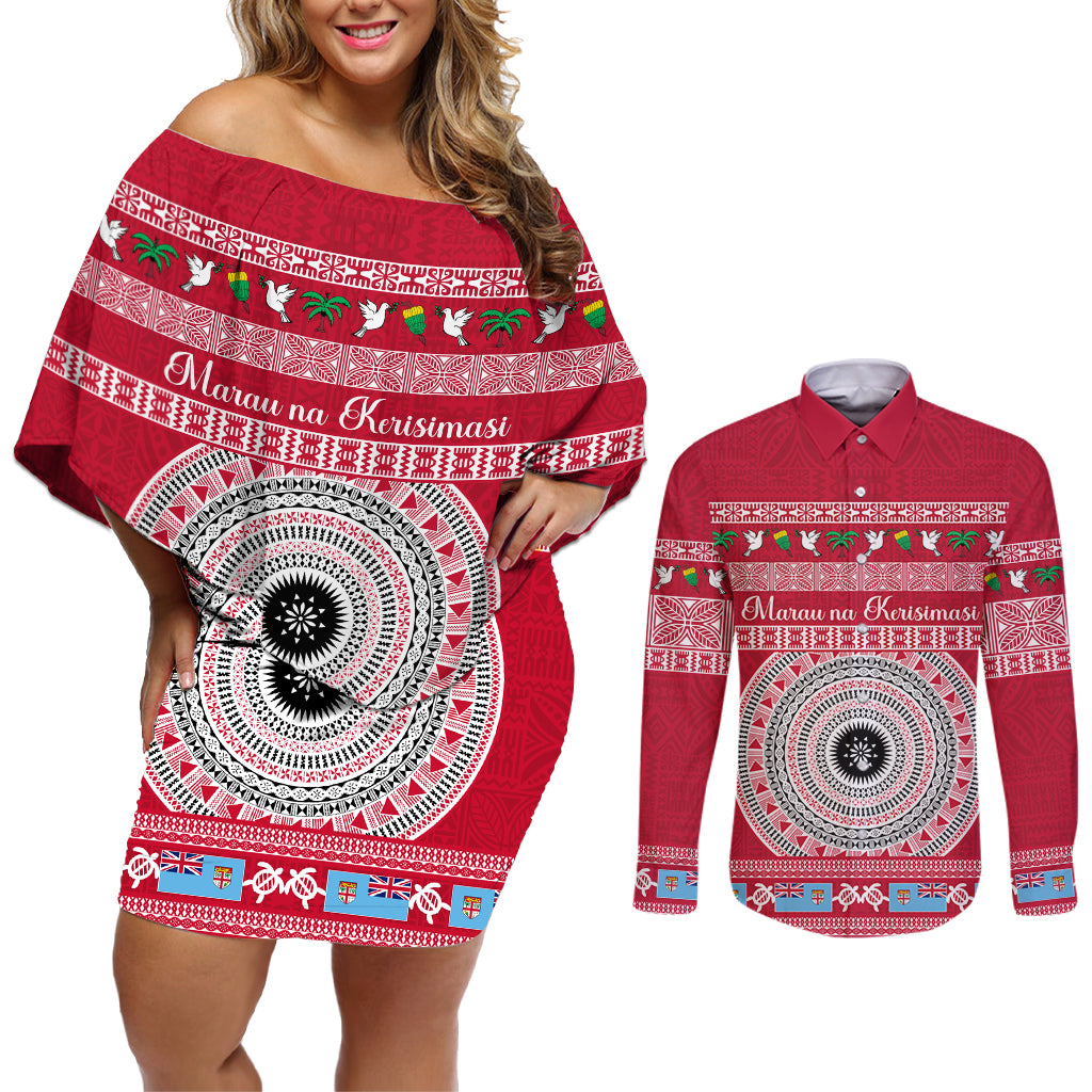 Personalised Fiji Marau Na Kerisimasi Couples Matching Off Shoulder Short Dress and Long Sleeve Button Shirt Merry Christmas Tapa Pattern Red Style LT9 - Wonder Print Shop