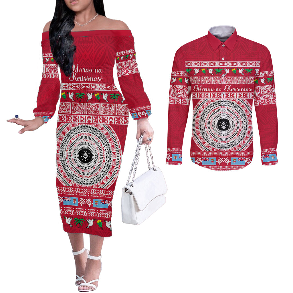 personalised-fiji-marau-na-kerisimasi-couples-matching-off-the-shoulder-long-sleeve-dress-and-long-sleeve-button-shirt-merry-christmas-tapa-pattern-red-style