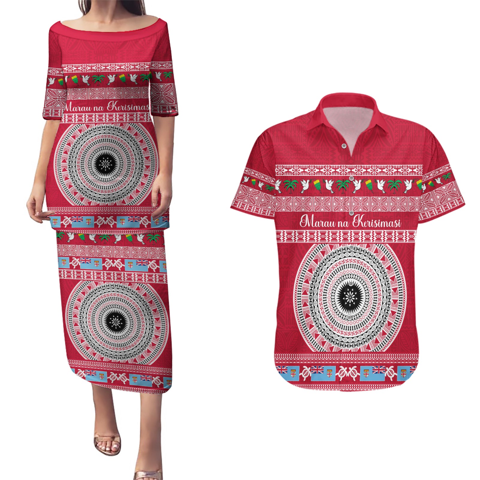 Personalised Fiji Marau Na Kerisimasi Couples Matching Puletasi Dress and Hawaiian Shirt Merry Christmas Tapa Pattern Red Style LT9 - Wonder Print Shop