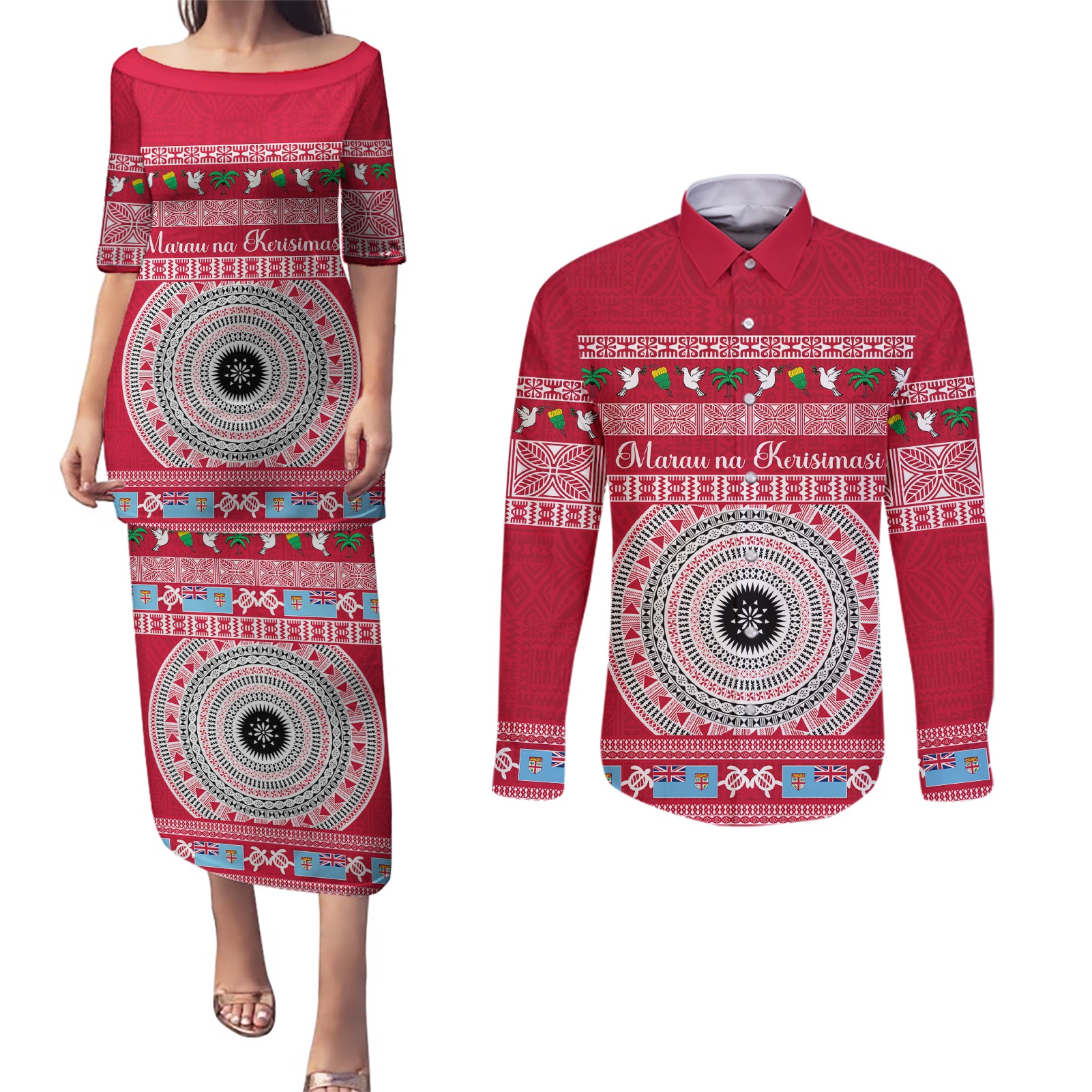 Personalised Fiji Marau Na Kerisimasi Couples Matching Puletasi Dress and Long Sleeve Button Shirt Merry Christmas Tapa Pattern Red Style LT9 - Wonder Print Shop