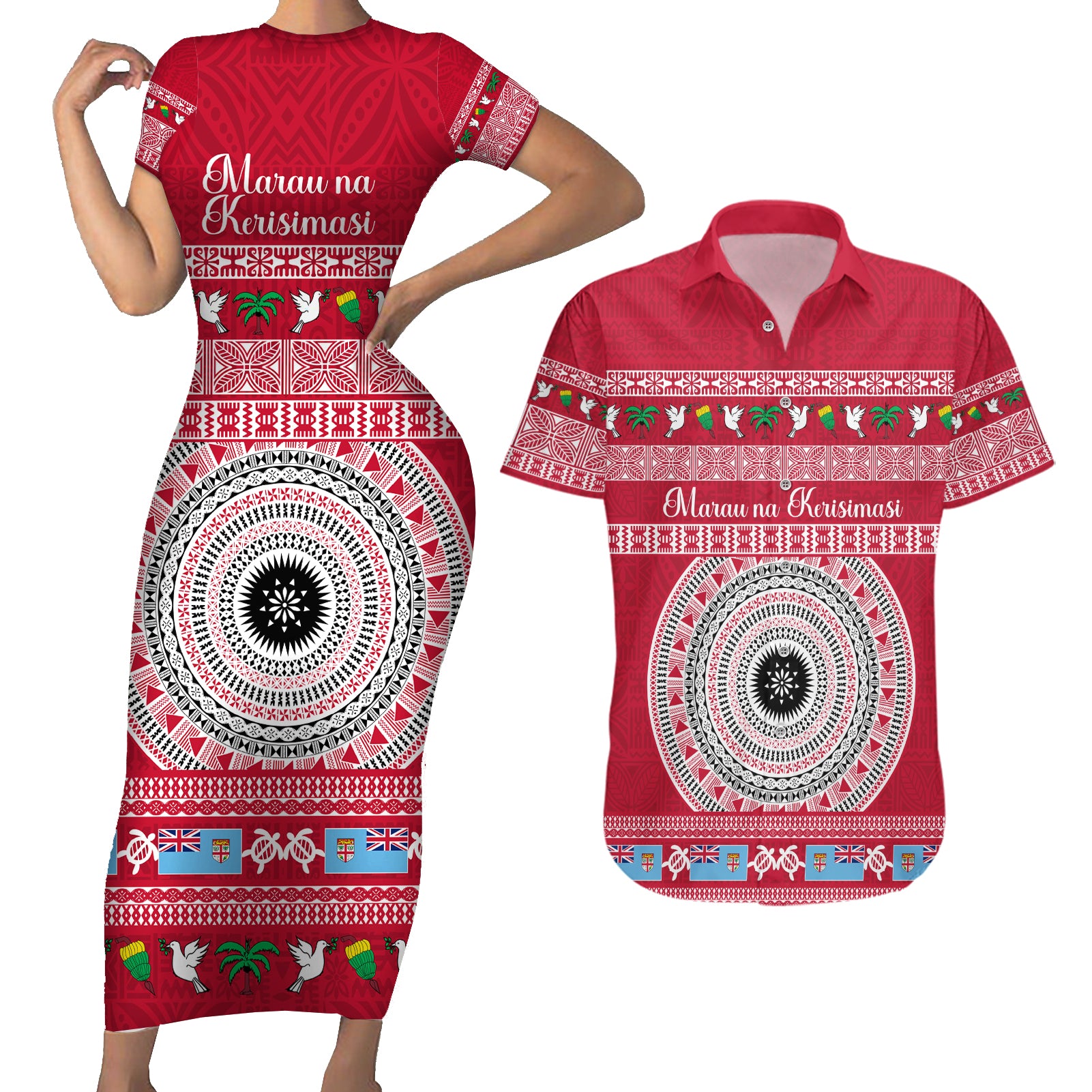 Personalised Fiji Marau Na Kerisimasi Couples Matching Short Sleeve Bodycon Dress and Hawaiian Shirt Merry Christmas Tapa Pattern Red Style LT9 - Wonder Print Shop