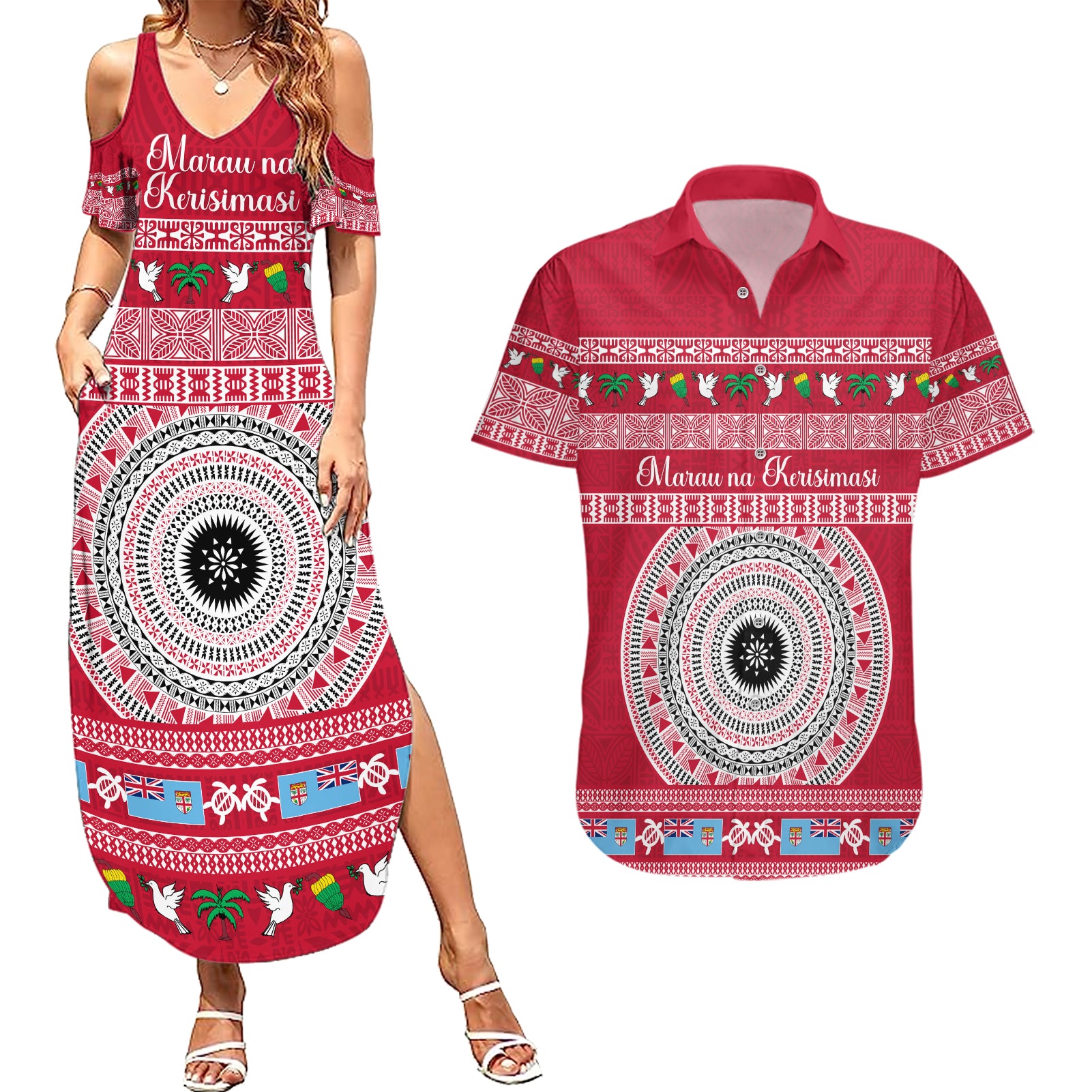 Personalised Fiji Marau Na Kerisimasi Couples Matching Summer Maxi Dress and Hawaiian Shirt Merry Christmas Tapa Pattern Red Style LT9 - Wonder Print Shop