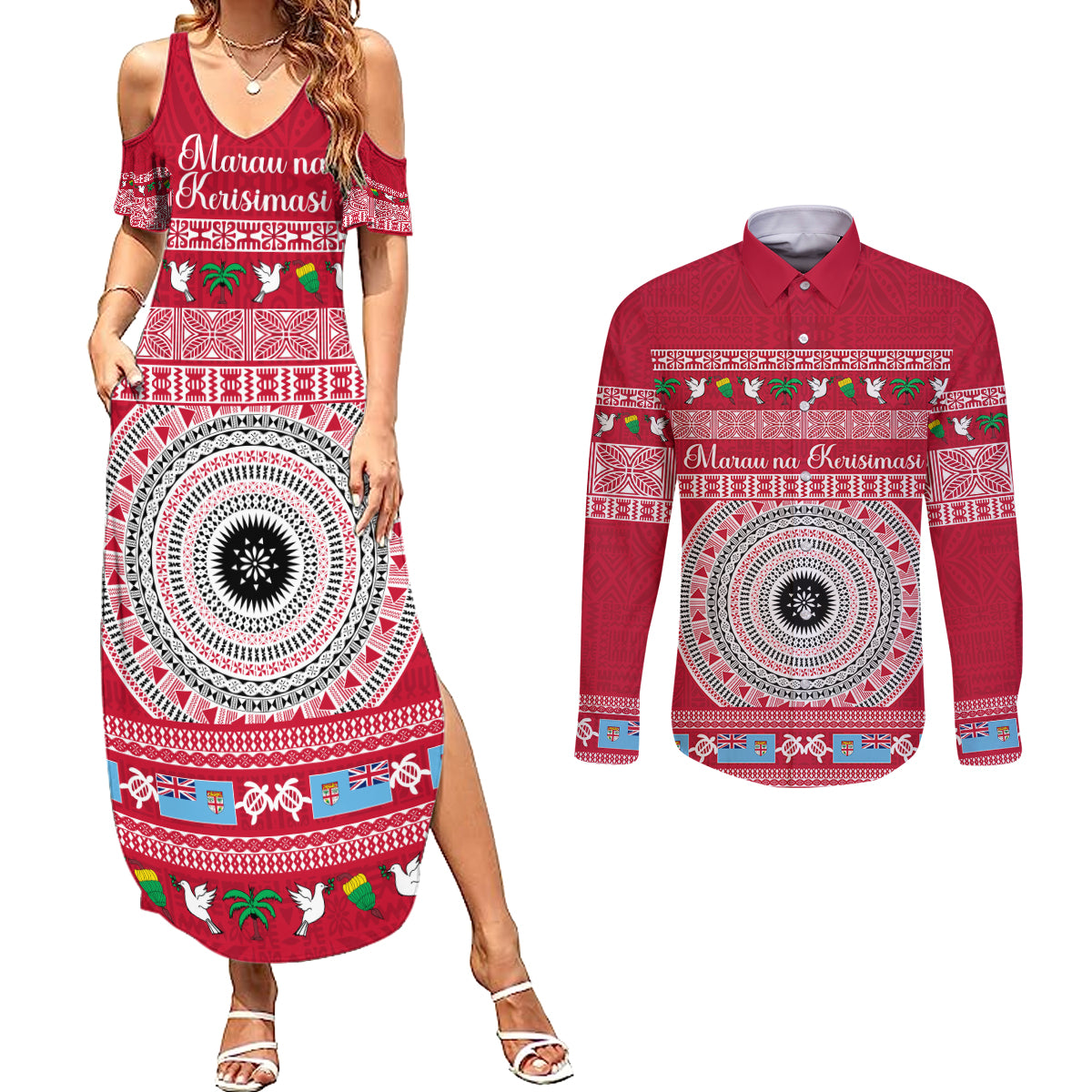 Personalised Fiji Marau Na Kerisimasi Couples Matching Summer Maxi Dress and Long Sleeve Button Shirt Merry Christmas Tapa Pattern Red Style LT9 - Wonder Print Shop