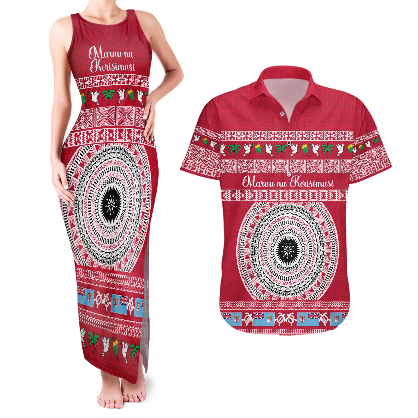 Personalised Fiji Marau Na Kerisimasi Couples Matching Tank Maxi Dress and Hawaiian Shirt Merry Christmas Tapa Pattern Red Style LT9 - Wonder Print Shop