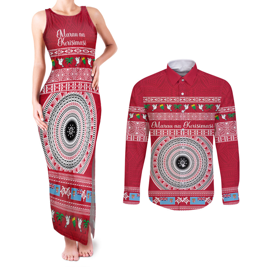 Personalised Fiji Marau Na Kerisimasi Couples Matching Tank Maxi Dress and Long Sleeve Button Shirt Merry Christmas Tapa Pattern Red Style LT9 - Wonder Print Shop