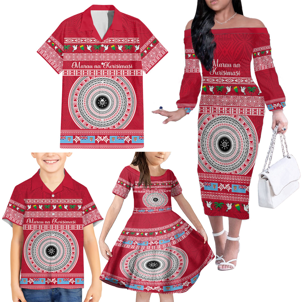 Personalised Fiji Marau Na Kerisimasi Family Matching Off Shoulder Long Sleeve Dress and Hawaiian Shirt Merry Christmas Tapa Pattern Red Style - Wonder Print Shop