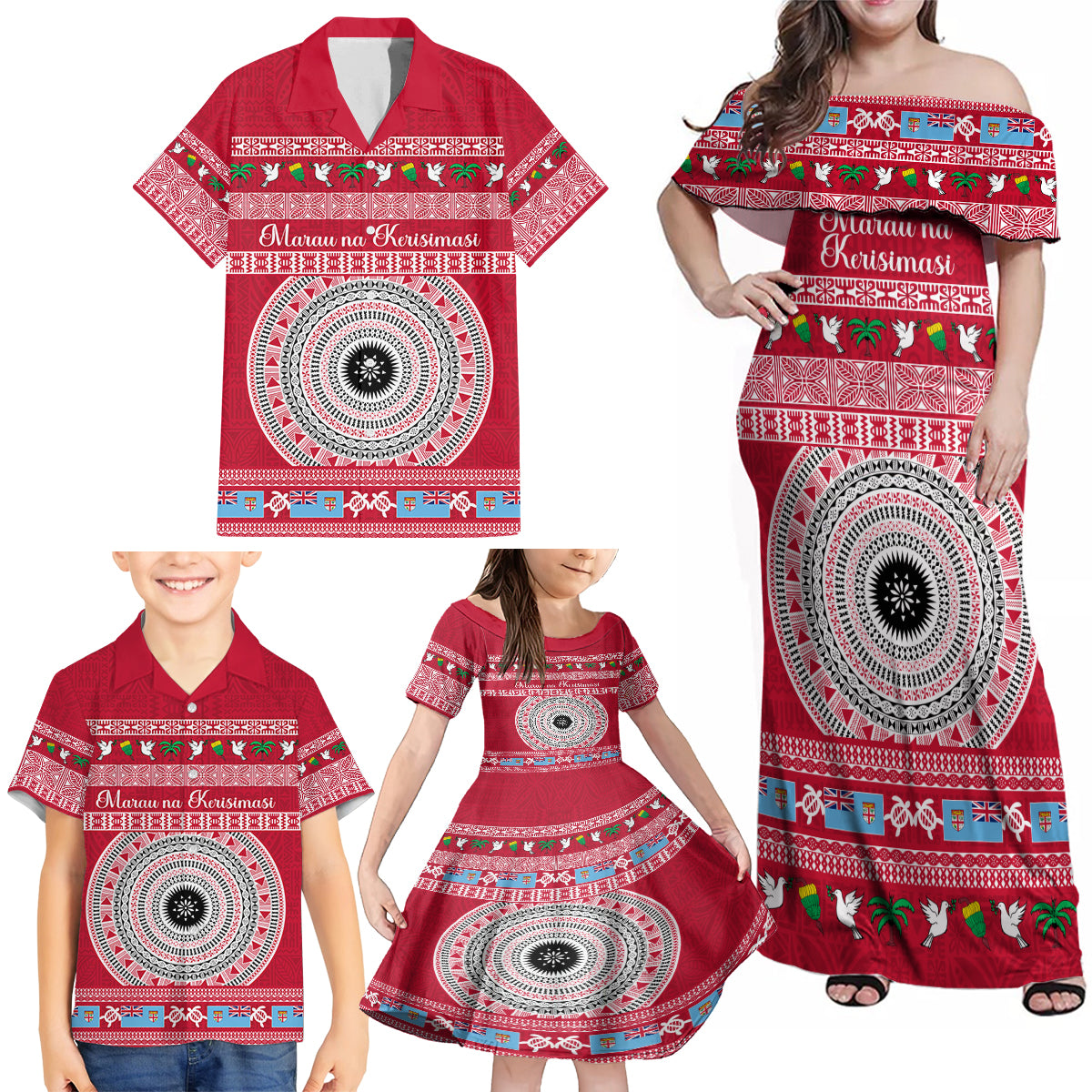 Personalised Fiji Marau Na Kerisimasi Family Matching Off Shoulder Maxi Dress and Hawaiian Shirt Merry Christmas Tapa Pattern Red Style LT9 - Wonder Print Shop