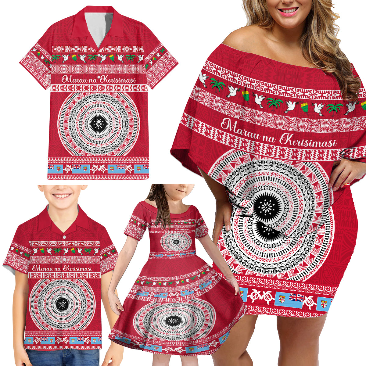 Personalised Fiji Marau Na Kerisimasi Family Matching Off Shoulder Short Dress and Hawaiian Shirt Merry Christmas Tapa Pattern Red Style LT9 - Wonder Print Shop