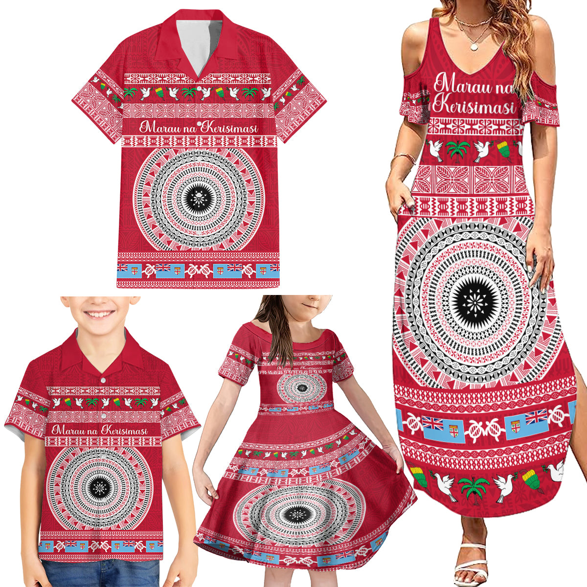 Personalised Fiji Marau Na Kerisimasi Family Matching Summer Maxi Dress and Hawaiian Shirt Merry Christmas Tapa Pattern Red Style - Wonder Print Shop