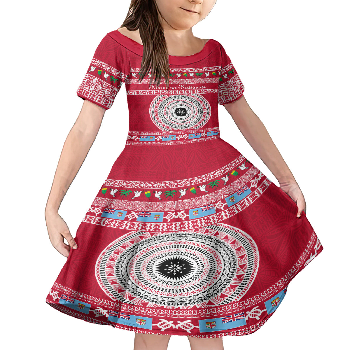 Personalised Fiji Marau Na Kerisimasi Kid Short Sleeve Dress Merry Christmas Tapa Pattern Red Style - Wonder Print Shop