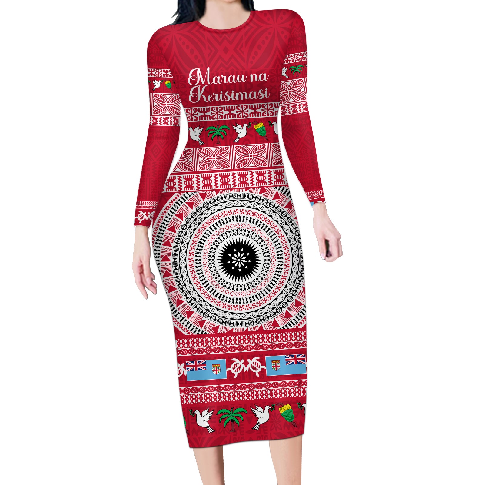 Personalised Fiji Marau Na Kerisimasi Long Sleeve Bodycon Dress Merry Christmas Tapa Pattern Red Style - Wonder Print Shop