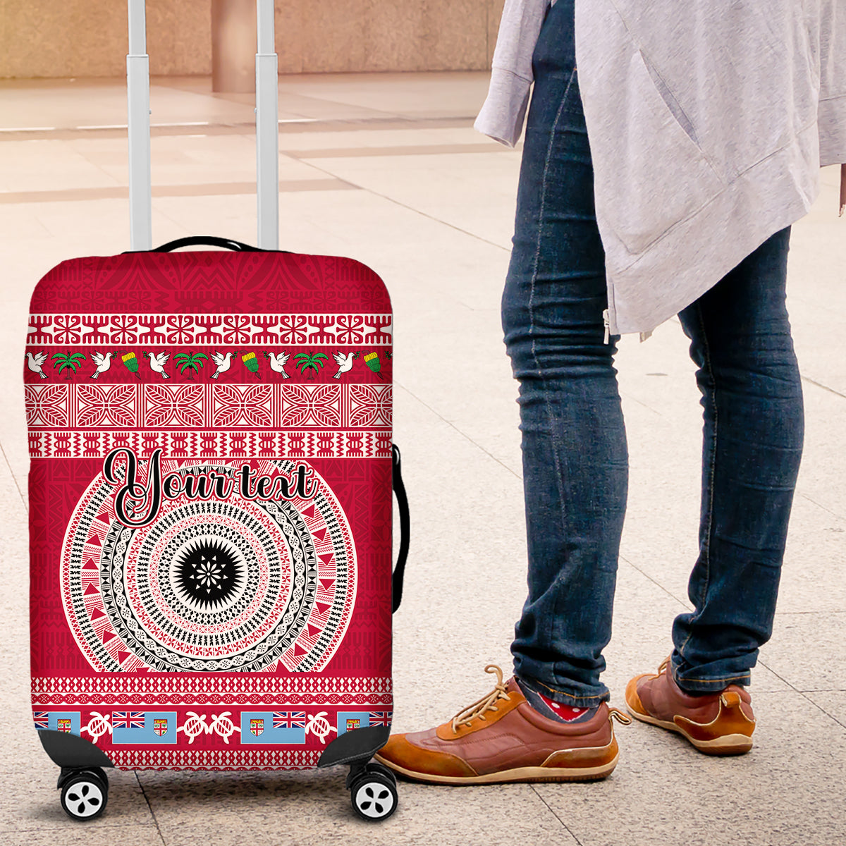 Personalised Fiji Marau Na Kerisimasi Luggage Cover Merry Christmas Tapa Pattern Red Style - Wonder Print Shop