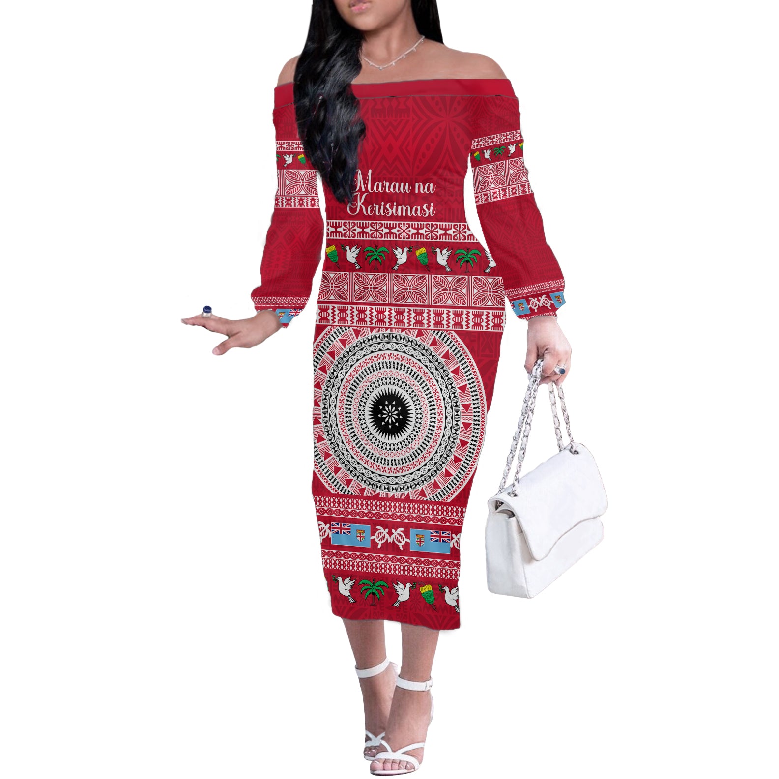 Personalised Fiji Marau Na Kerisimasi Off The Shoulder Long Sleeve Dress Merry Christmas Tapa Pattern Red Style - Wonder Print Shop