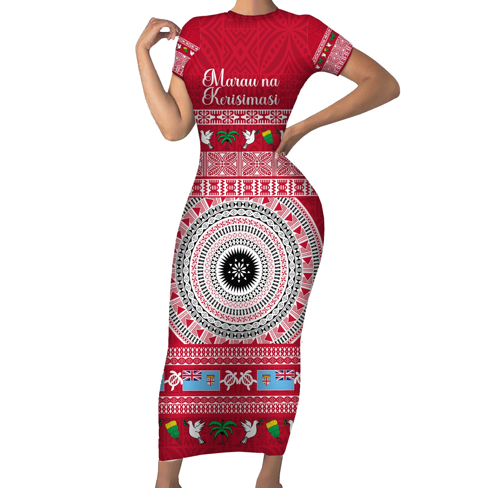 Personalised Fiji Marau Na Kerisimasi Short Sleeve Bodycon Dress Merry Christmas Tapa Pattern Red Style - Wonder Print Shop