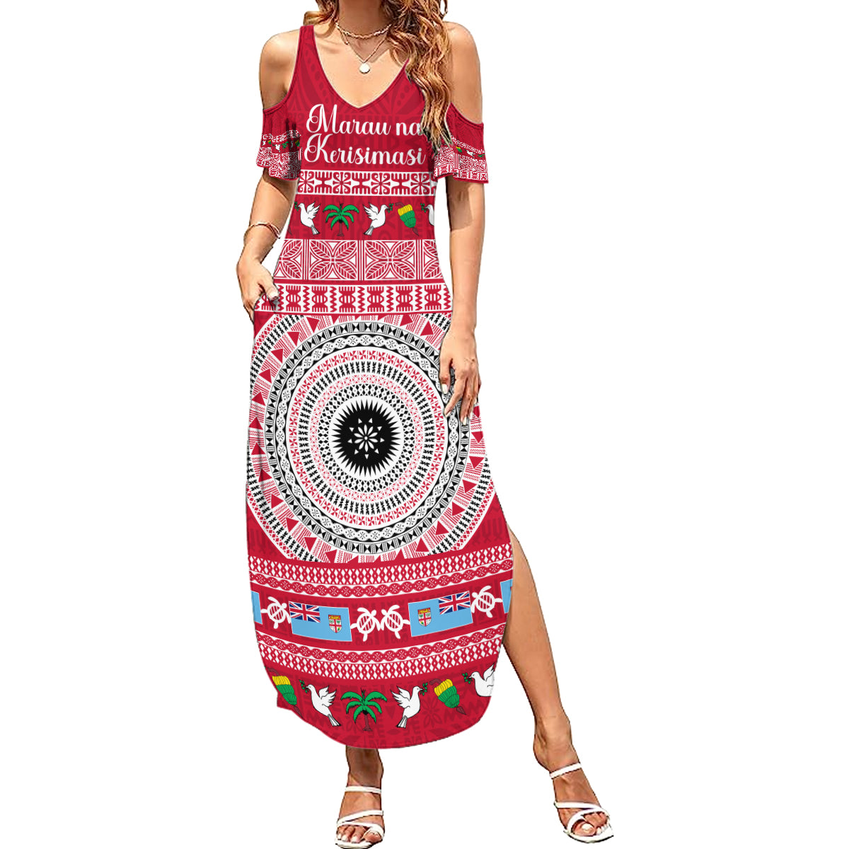 Personalised Fiji Marau Na Kerisimasi Summer Maxi Dress Merry Christmas Tapa Pattern Red Style - Wonder Print Shop