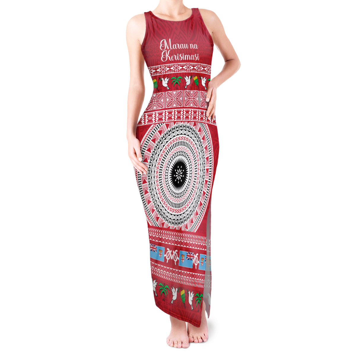 Personalised Fiji Marau Na Kerisimasi Tank Maxi Dress Merry Christmas Tapa Pattern Red Style - Wonder Print Shop