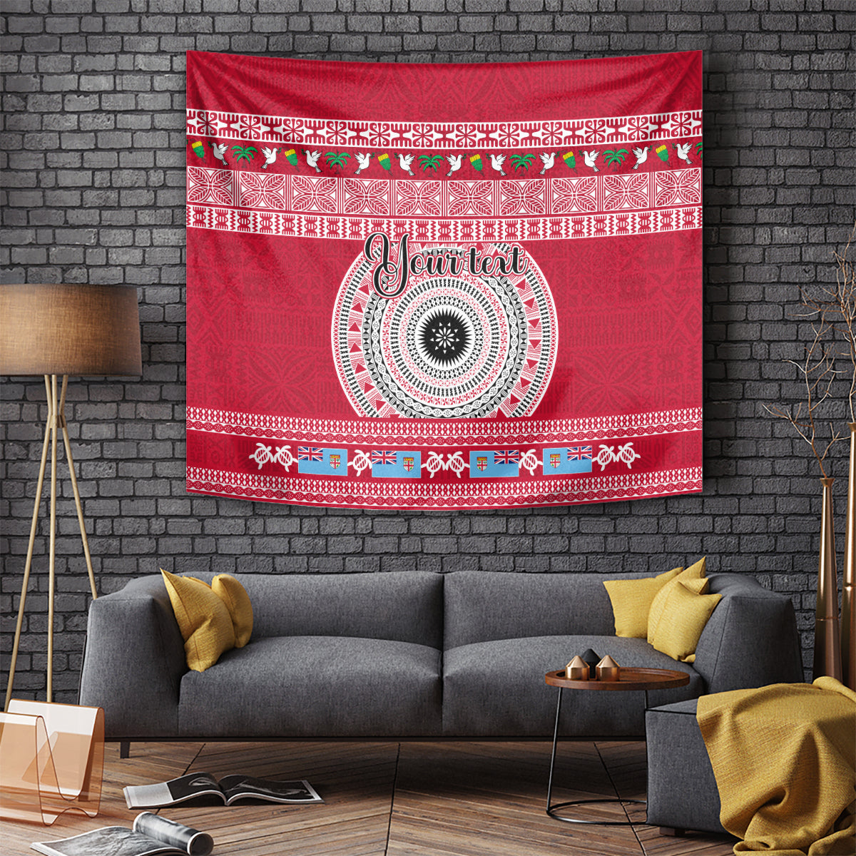 Red Fiji tapa patterned tapestry with circular center ornament and festive border