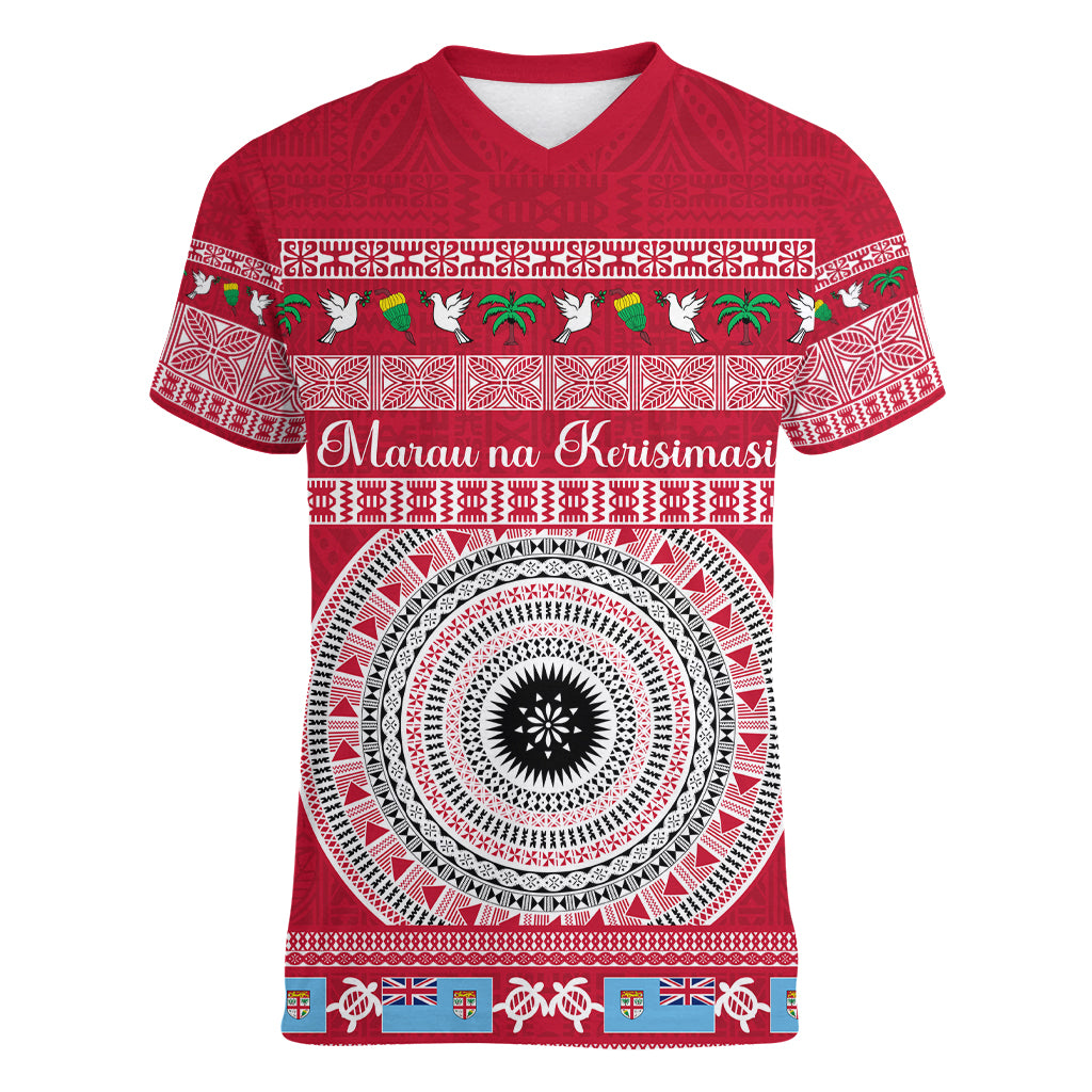 Personalised Fiji Marau Na Kerisimasi Women V Neck T Shirt Merry Christmas Tapa Pattern Red Style - Wonder Print Shop