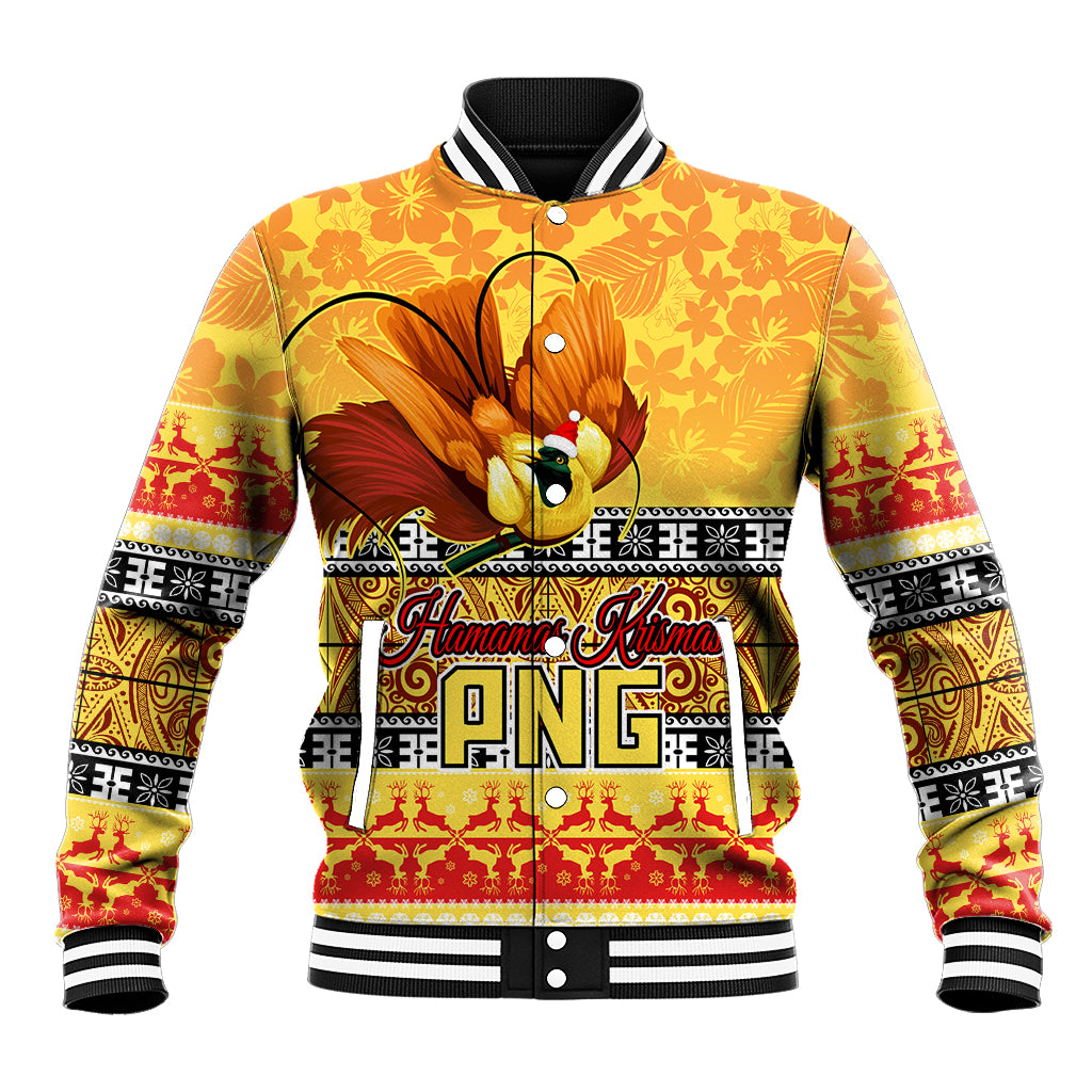 Gold baseball jacket with bird of paradise graphic, striped ribbed collar and cuffs, snap buttons