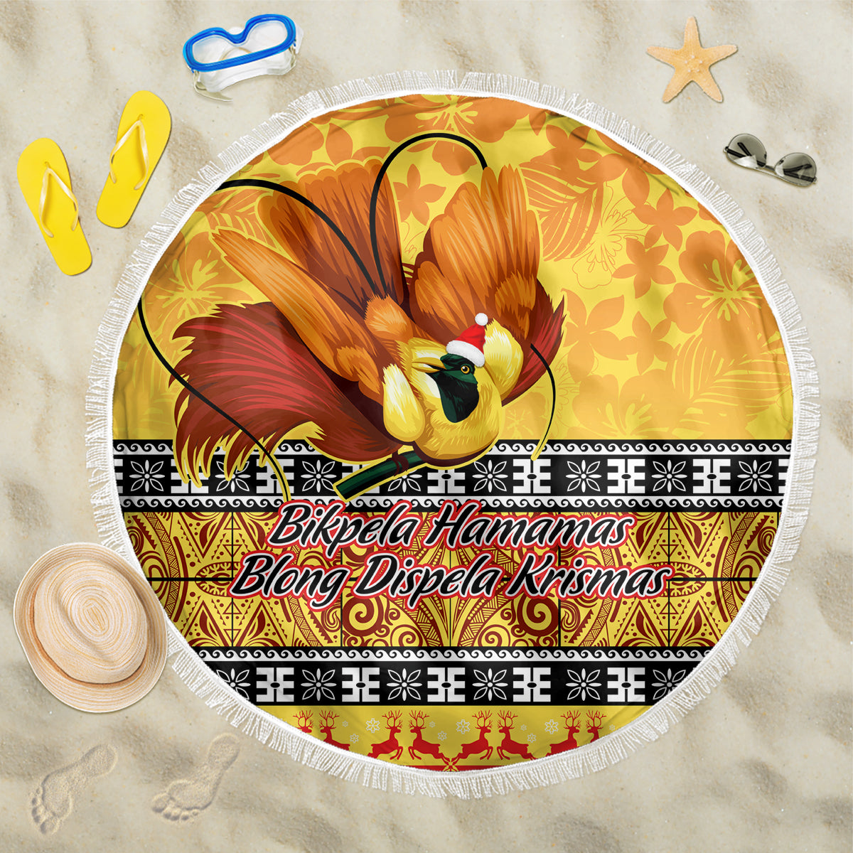 Gold 150cm round beach blanket with bird-of-paradise and fringe trim