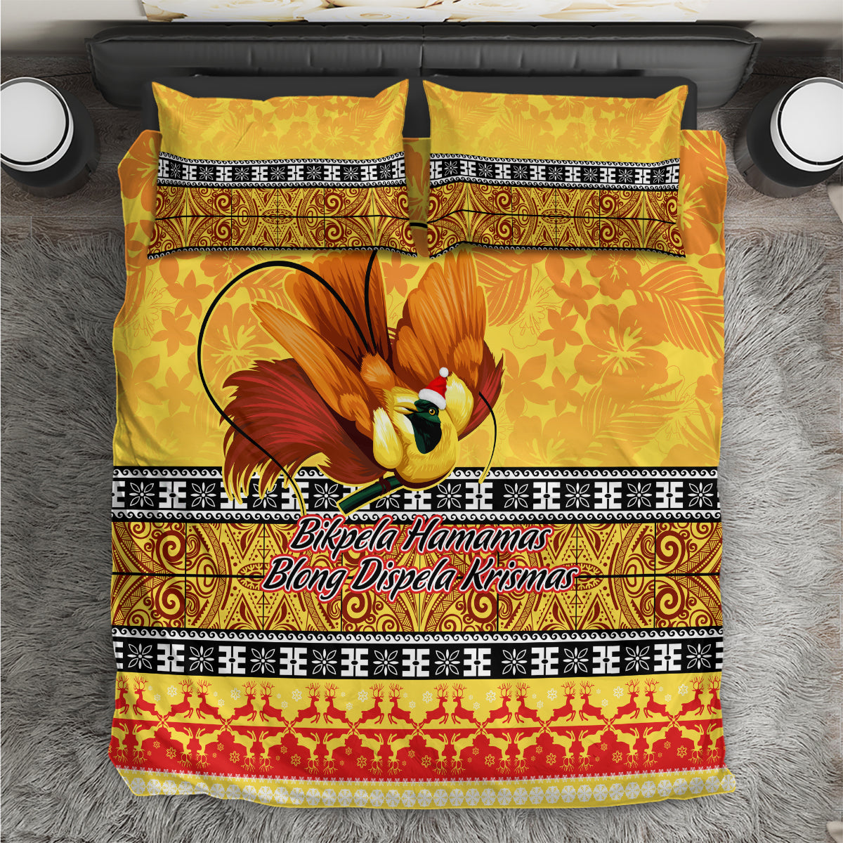 Gold Christmas duvet cover set with centered bird-of-paradise and patterned borders