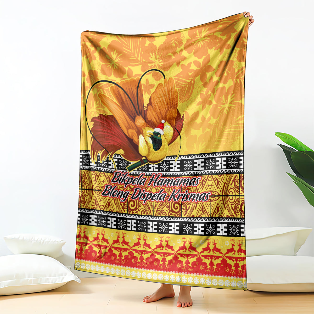 Christmas bird of paradise blanket, gold floral top with red patterned border