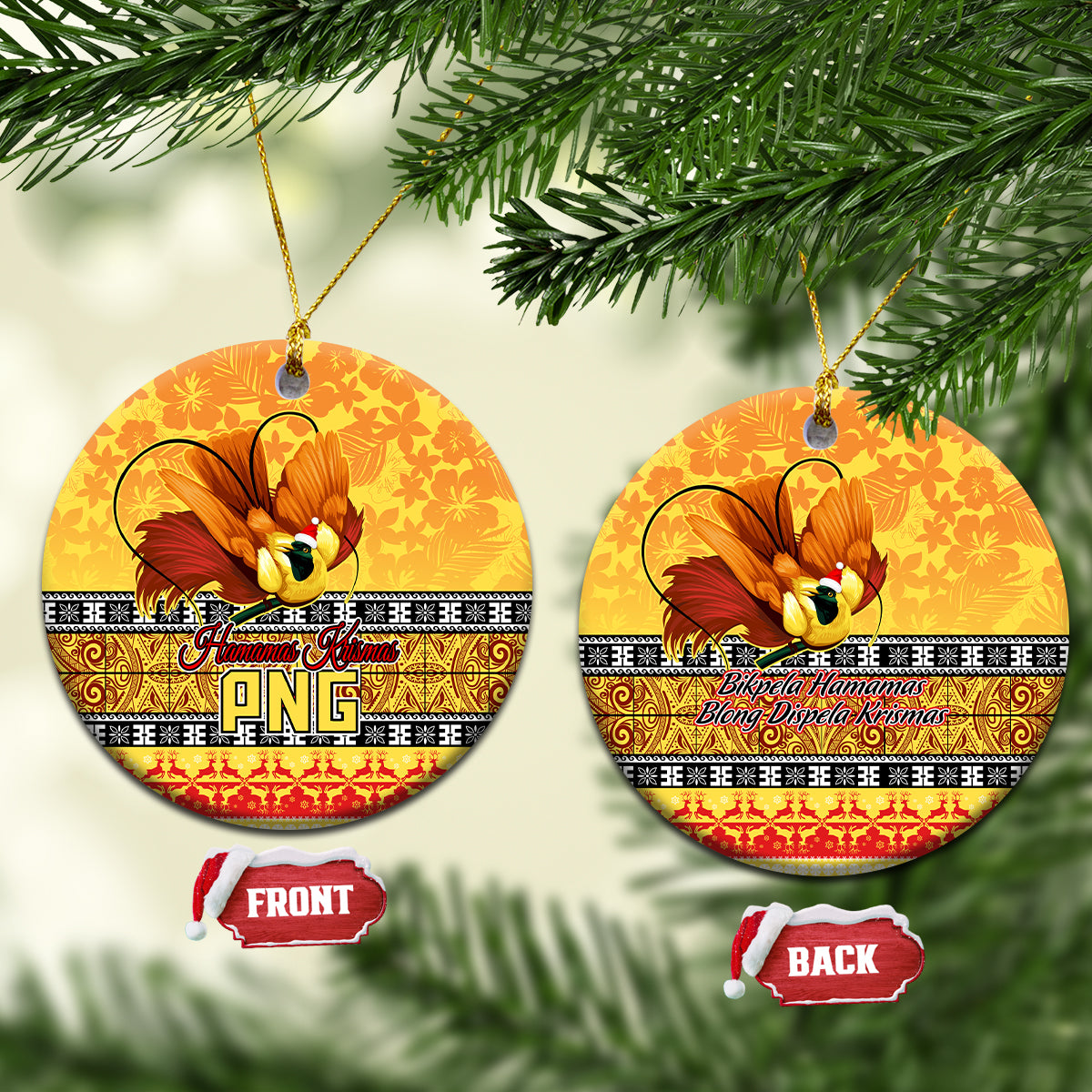 Gold round ceramic Christmas ornament with bird of paradise and PNG design, hanging pair