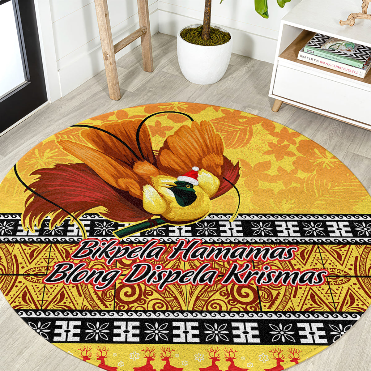 Gold round Christmas rug with Bird of Paradise graphic and black-and-white geometric border
