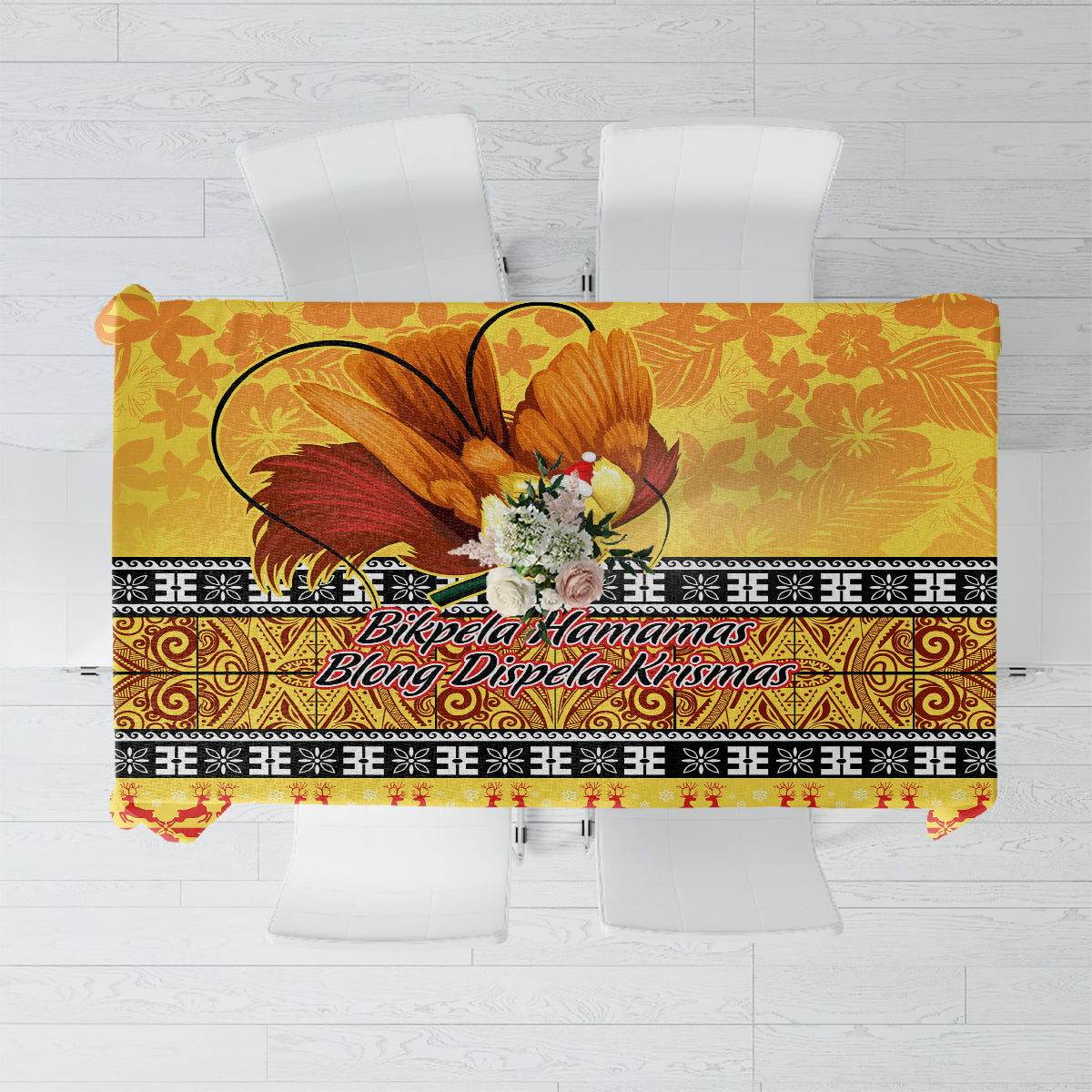 Gold Christmas tablecloth with bird-of-paradise and floral border