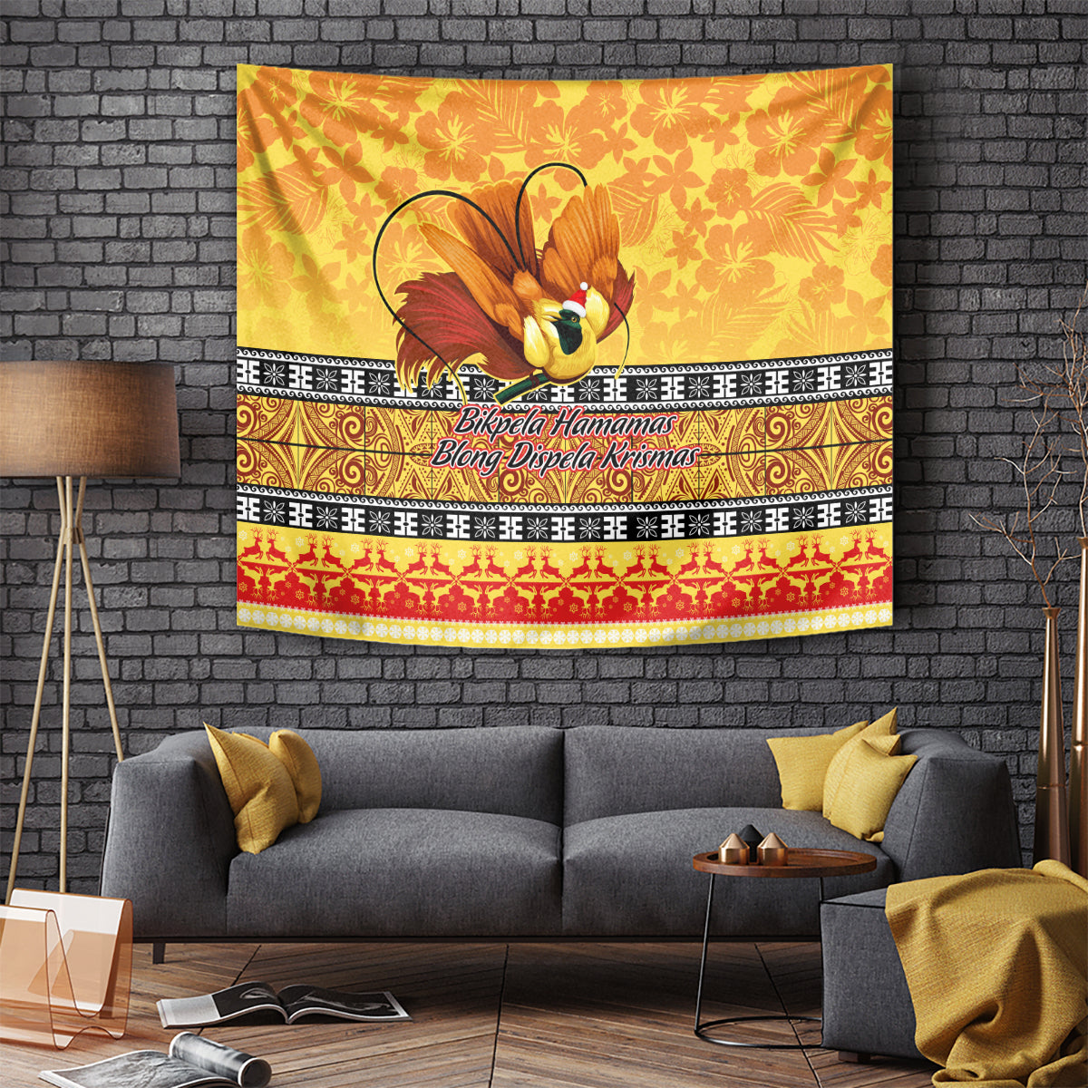 Gold bird of paradise Christmas tapestry with floral pattern and horizontal border bands.