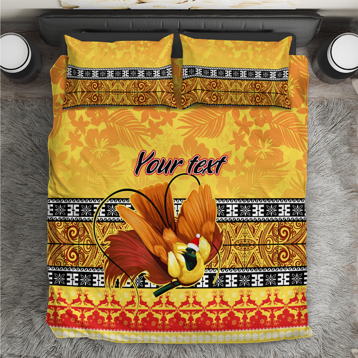 Gold personalized bedding set with bird of paradise, patterned trim, “Your text” print