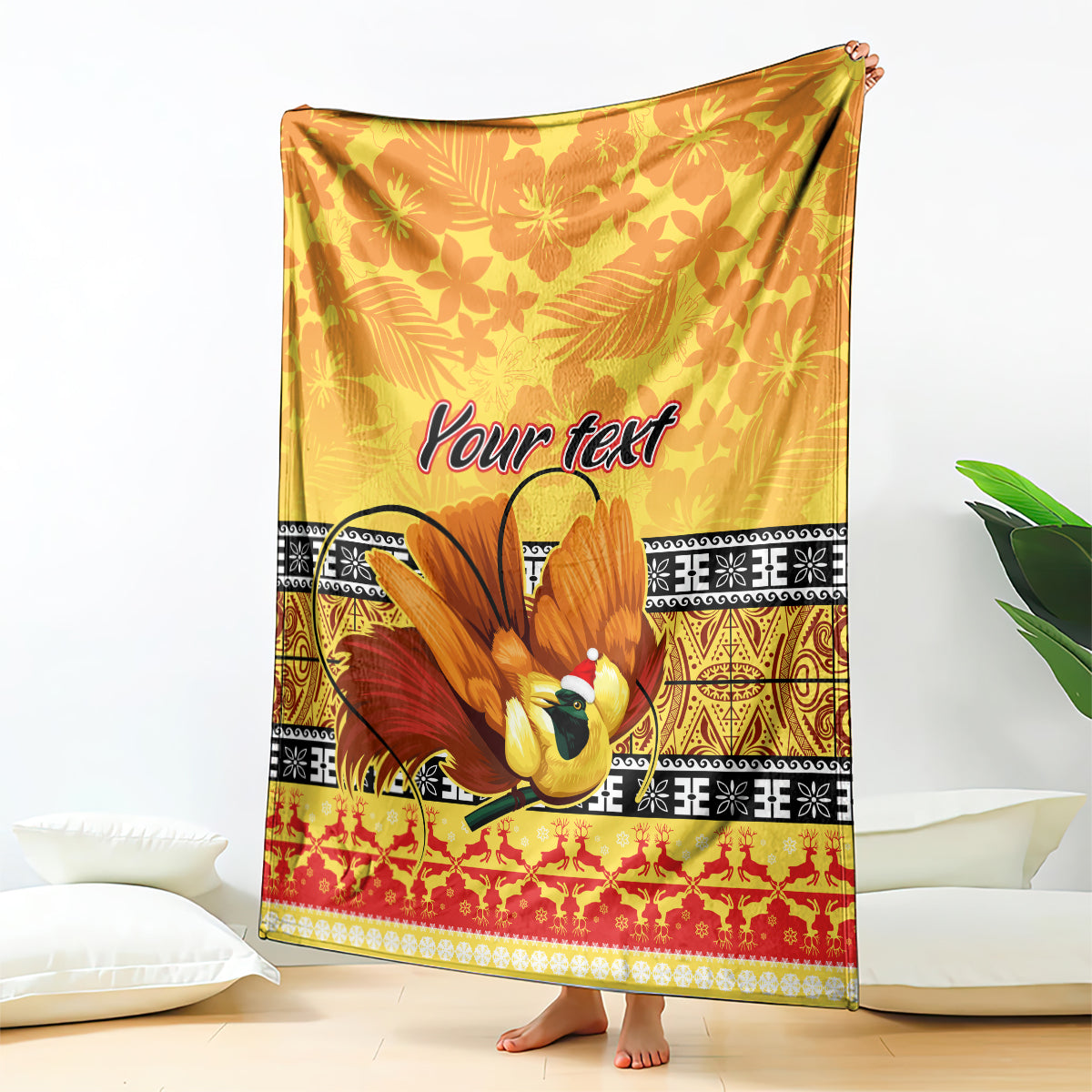 personalised-png-hamamas-krismas-blanket-papua-new-guinea-bird-of-paradise-merry-christmas-gold-style