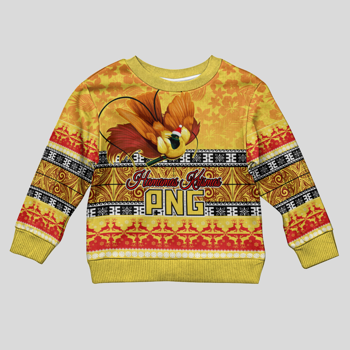 personalised-png-hamamas-krismas-kid-ugly-christmas-sweater-papua-new-guinea-bird-of-paradise-merry-christmas-gold-style