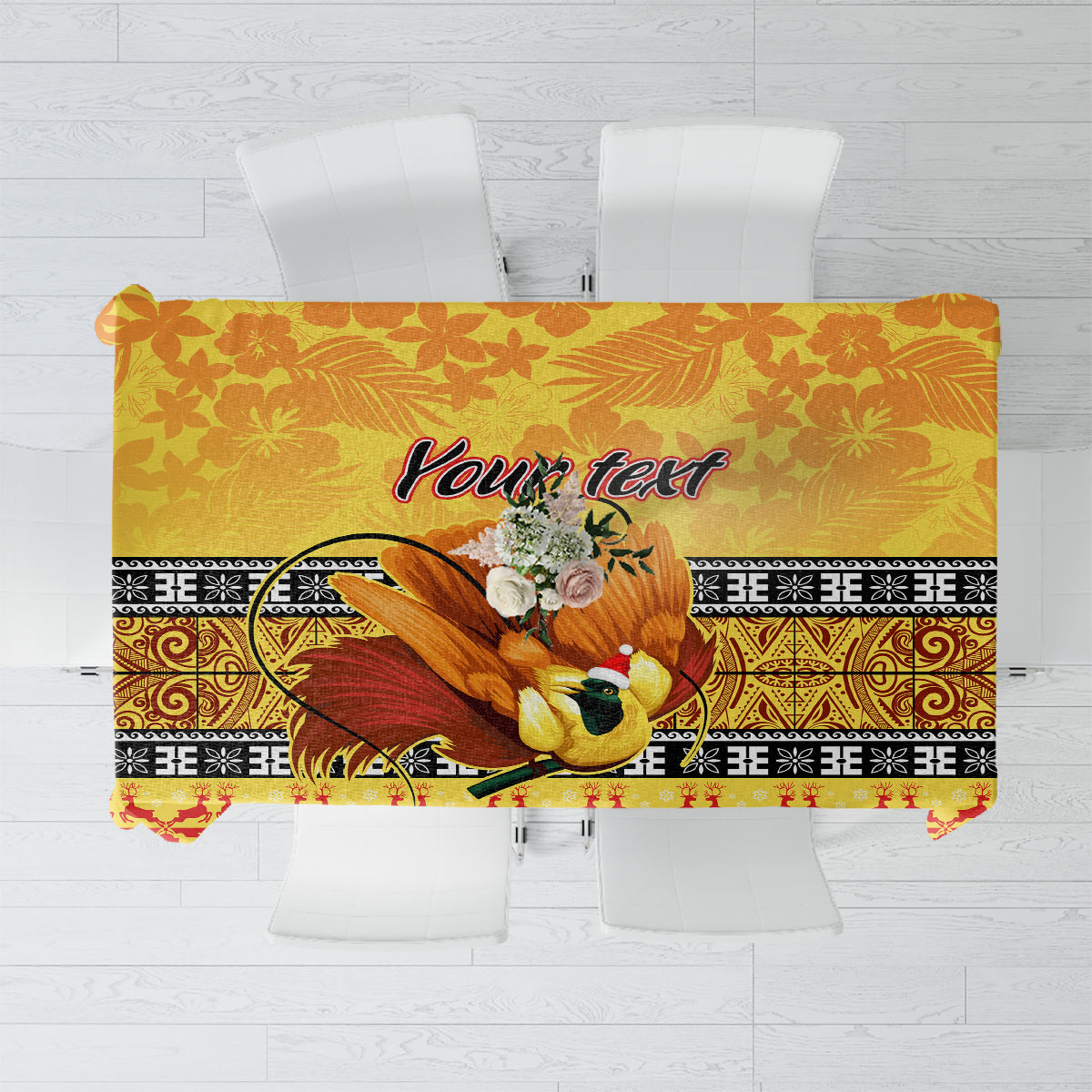 Gold holiday tablecloth with bird of paradise print and decorative patterned border