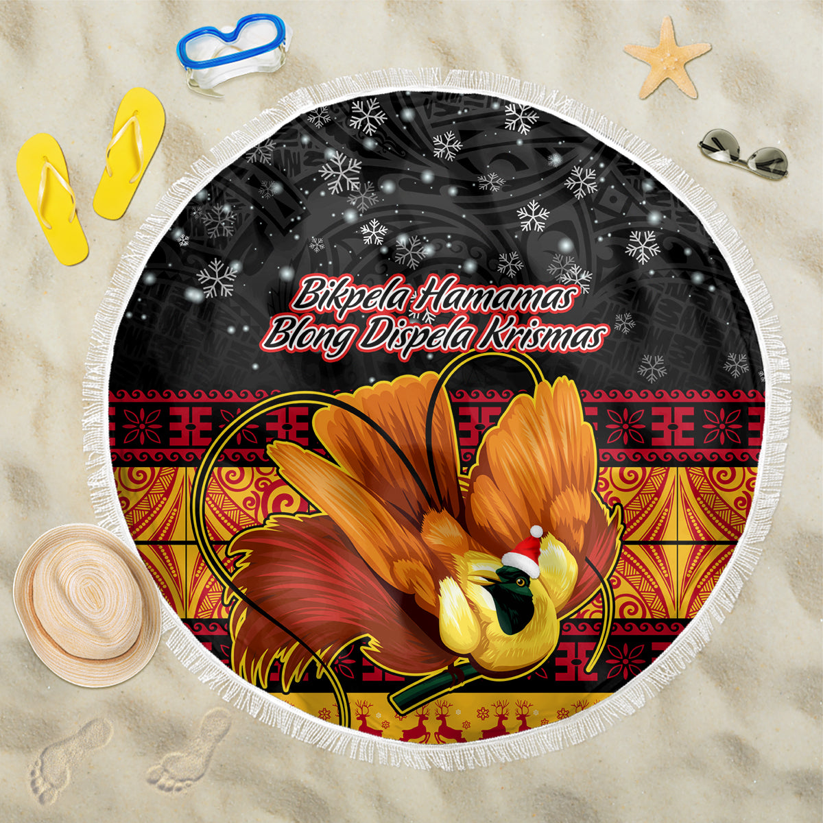 Round black Christmas beach blanket with fringe, snowflakes, and bird-of-paradise graphic