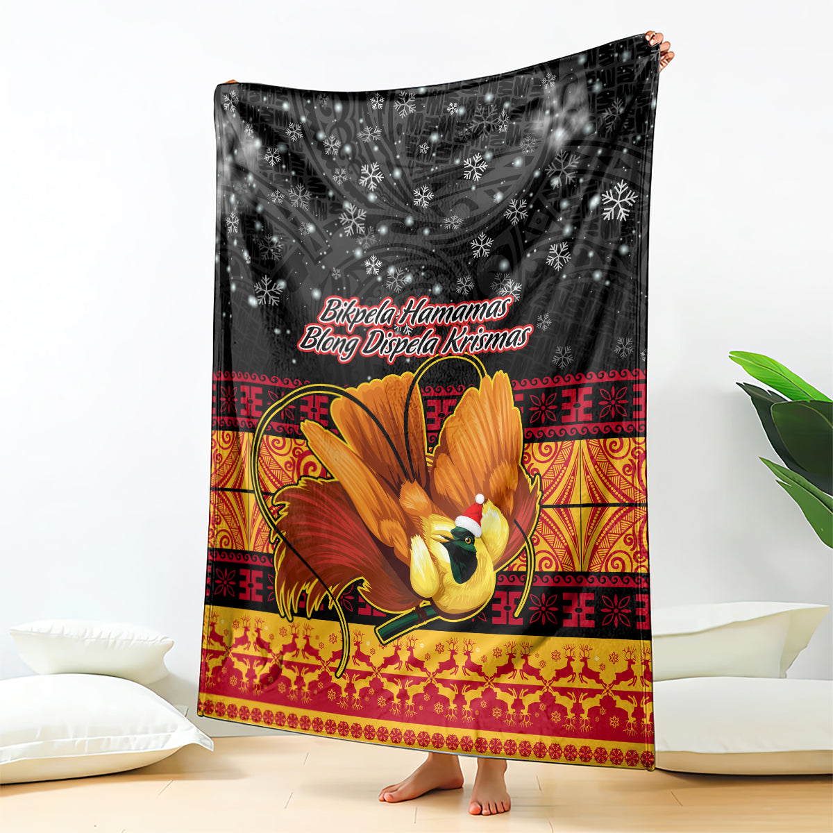Christmas bird of paradise blanket, black snowflake top with red and gold border