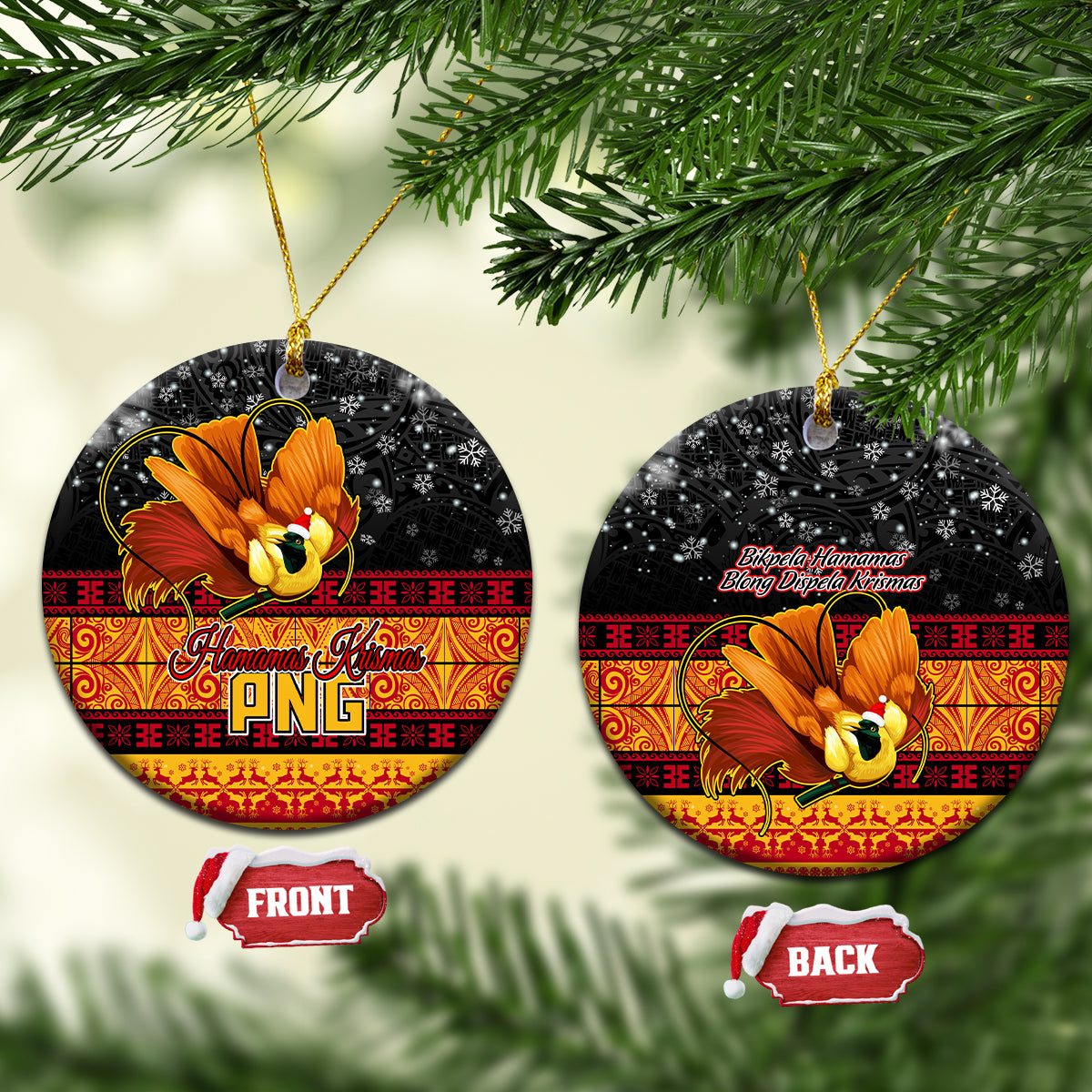 Black ceramic round ornament with orange bird-of-paradise and gold hanger string