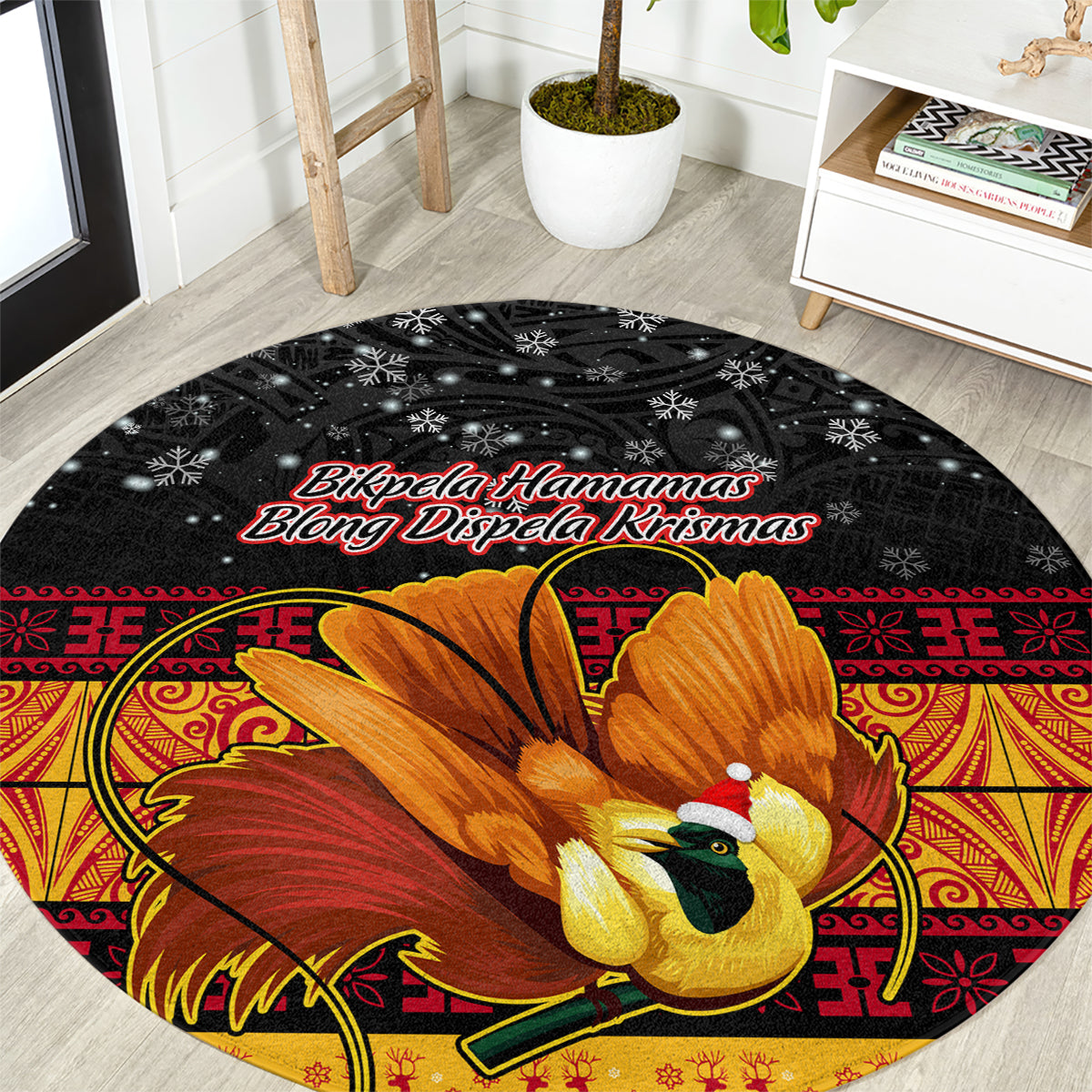 Black round carpet with Bird of Paradise, red-yellow pattern, and Christmas text