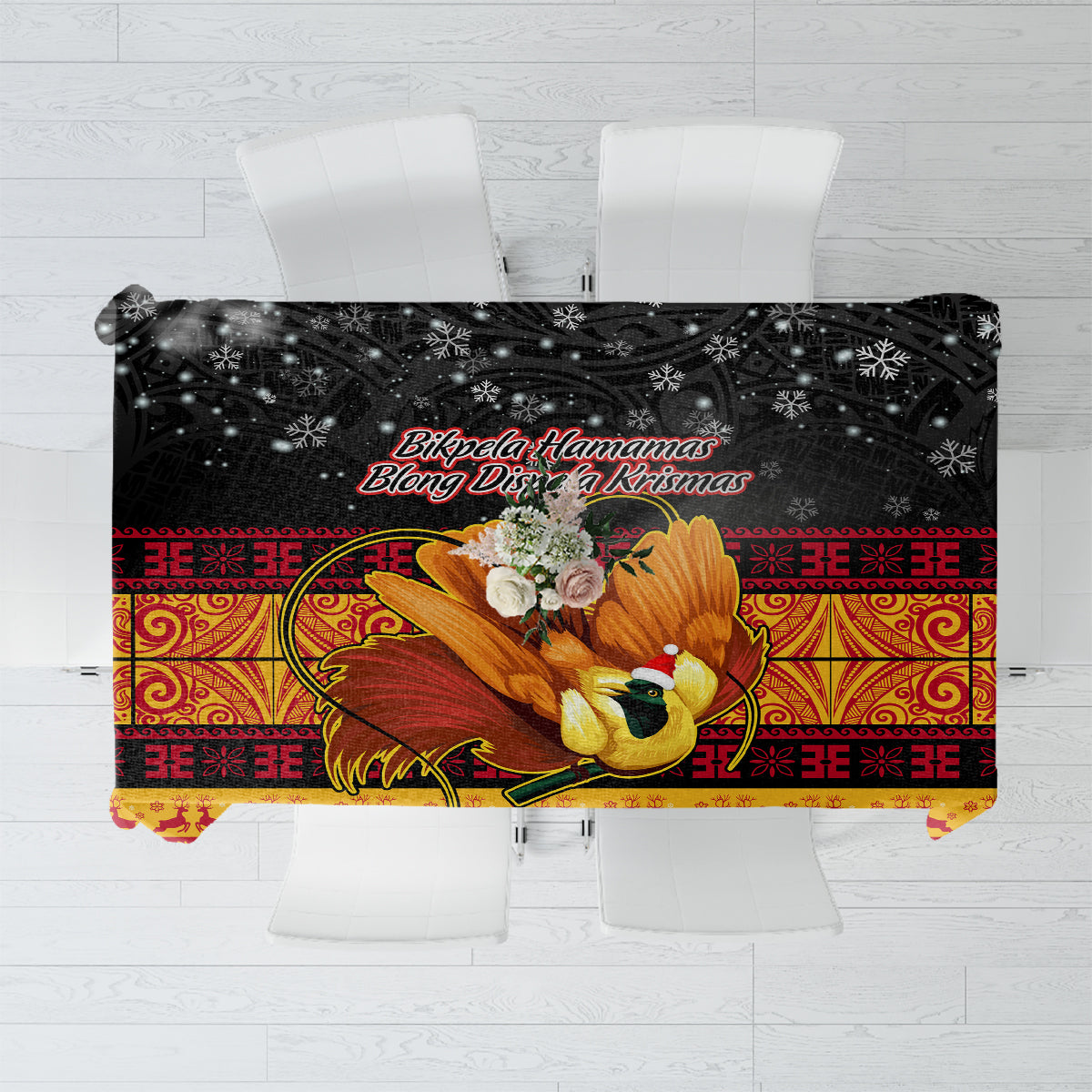 Black Christmas tablecloth with bird graphic, red and gold borders