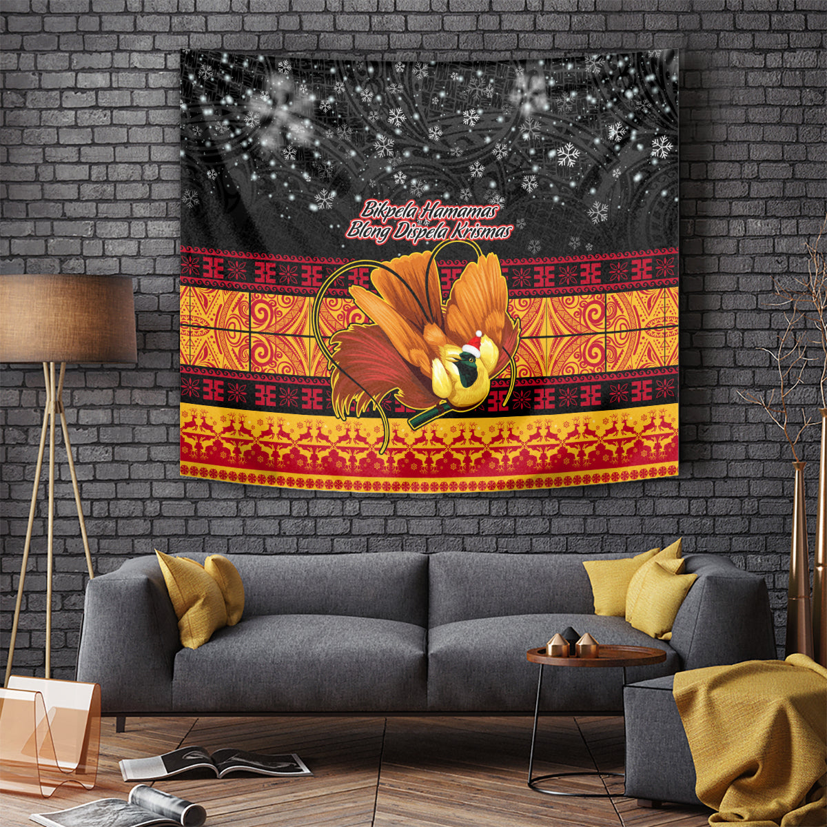 Black holiday tapestry with bird of paradise center and red gold decorative band
