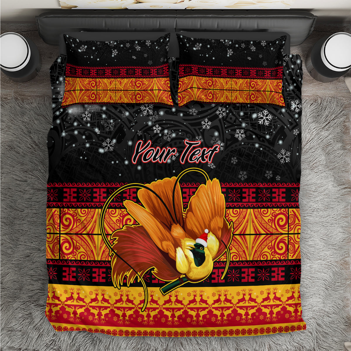 Black bedding set with bird of paradise, red-gold festive border, and Your Text print