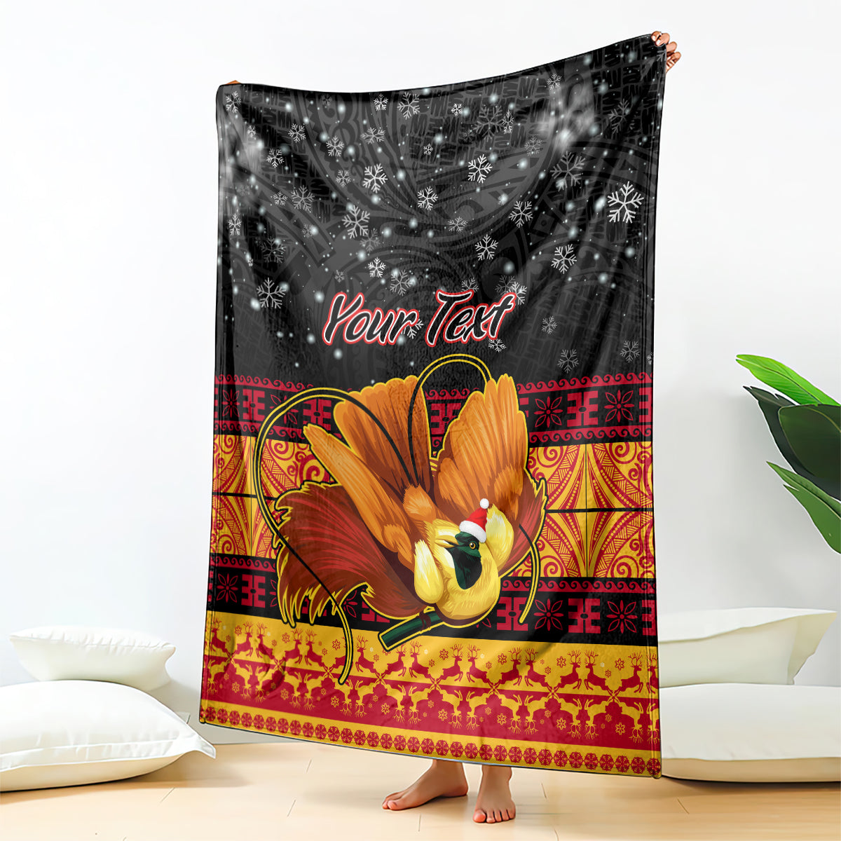 Personalized Christmas blanket, black with bird of paradise and red-gold border, Your Text