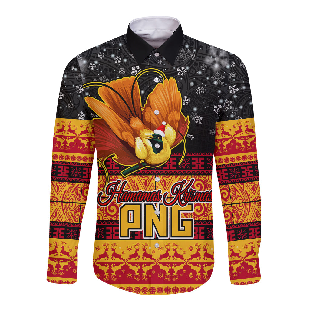 Black long-sleeve button shirt with bird graphic and Hamamas Christmas PNG text