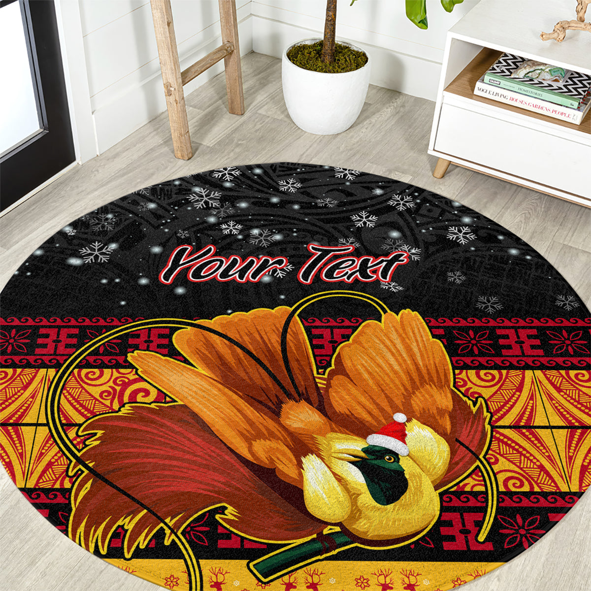 Round black Christmas carpet with bird-of-paradise graphic and red "Your Text".