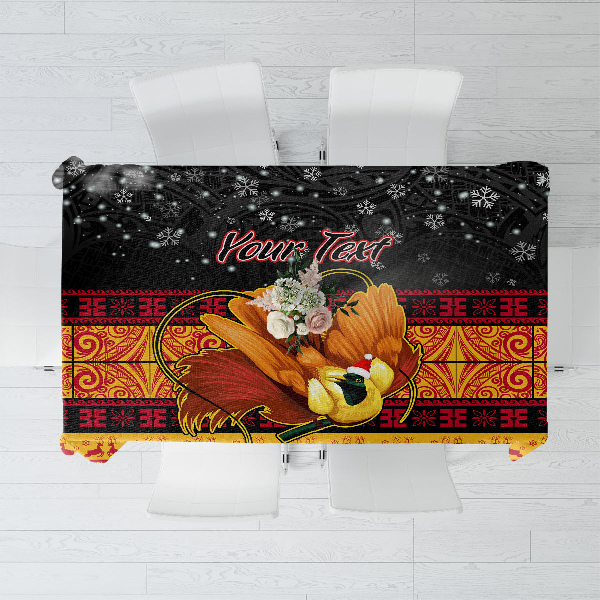 Personalized black holiday tablecloth with bird-of-paradise and red, yellow ornament pattern