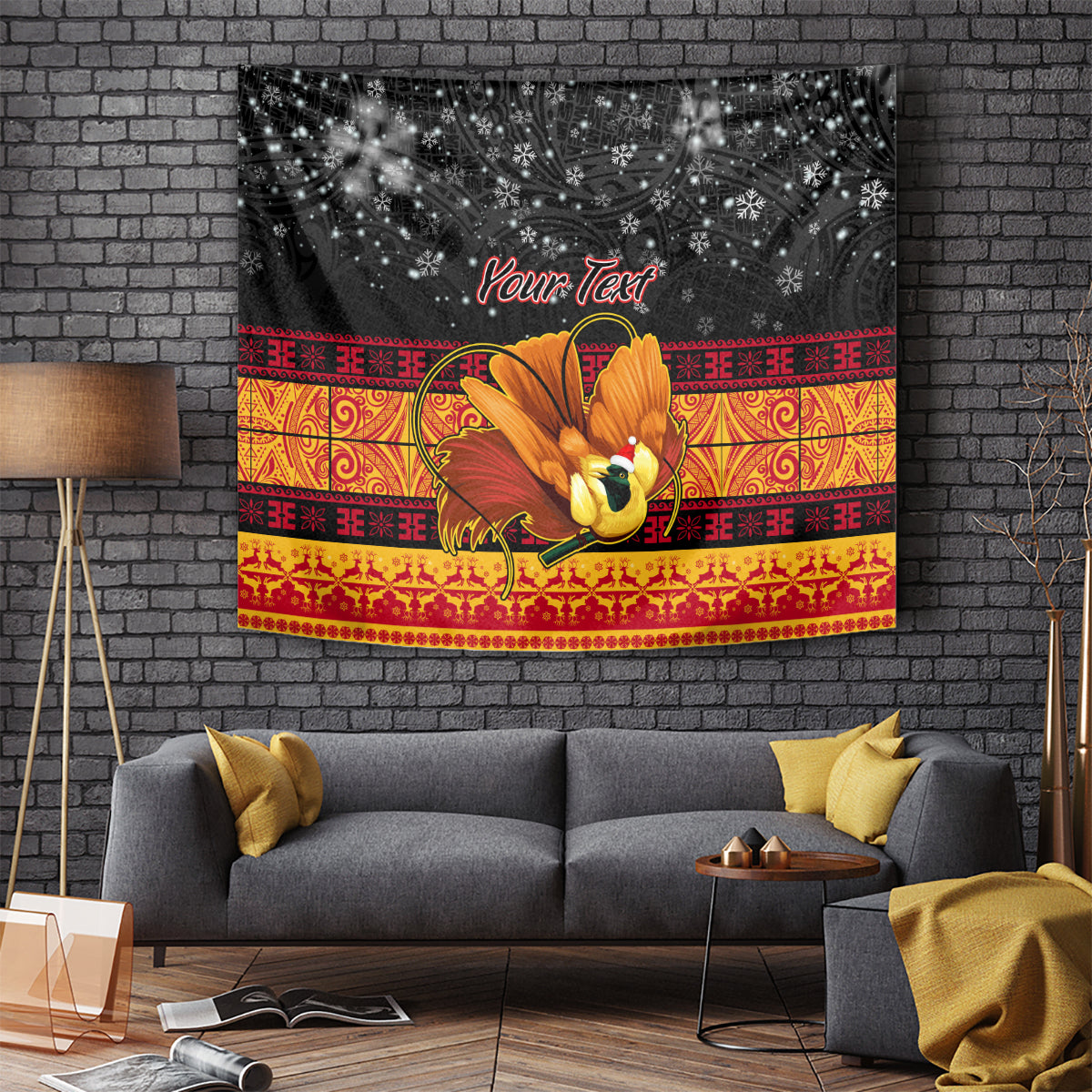 Black Christmas tapestry with golden bird of paradise and red-gold border accents
