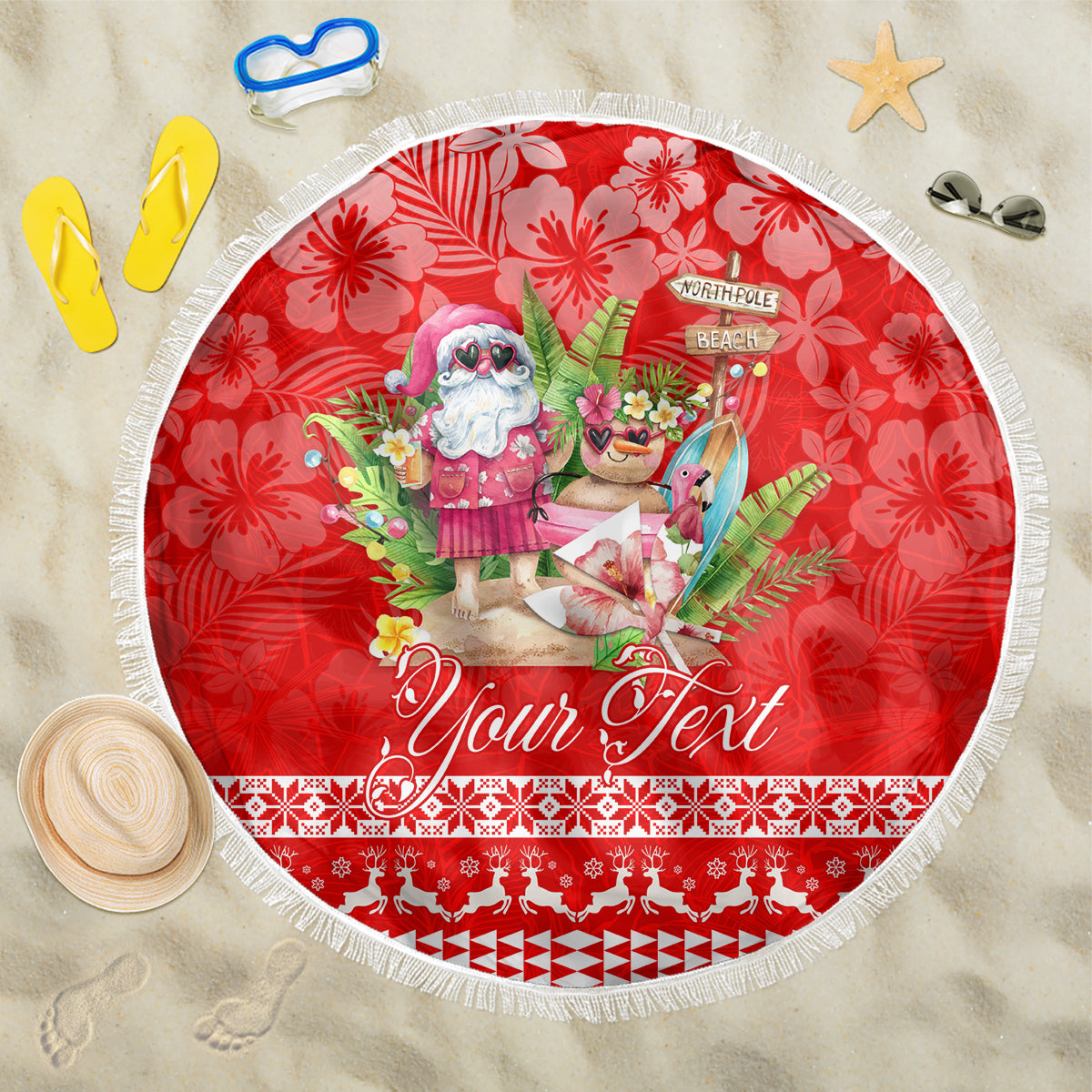 Red round beach blanket with white fringe, tropical Santa graphic and 'Your Text'.